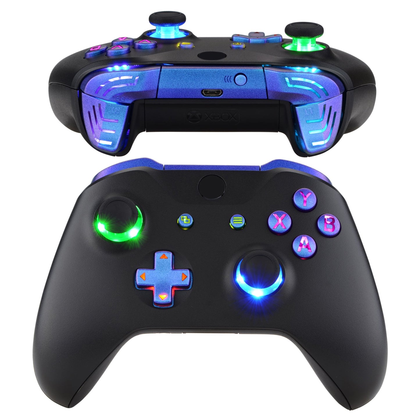 eXtremeRate Retail Chameleon Purple Blue Multi-Colors Luminated Dpad Thumbsticks Start Back ABXY Action Buttons, Classical Symbols Buttons DTFS (DTF 2.0) LED Kit for Xbox One S/X Controller - Controller NOT Included - X1LED05