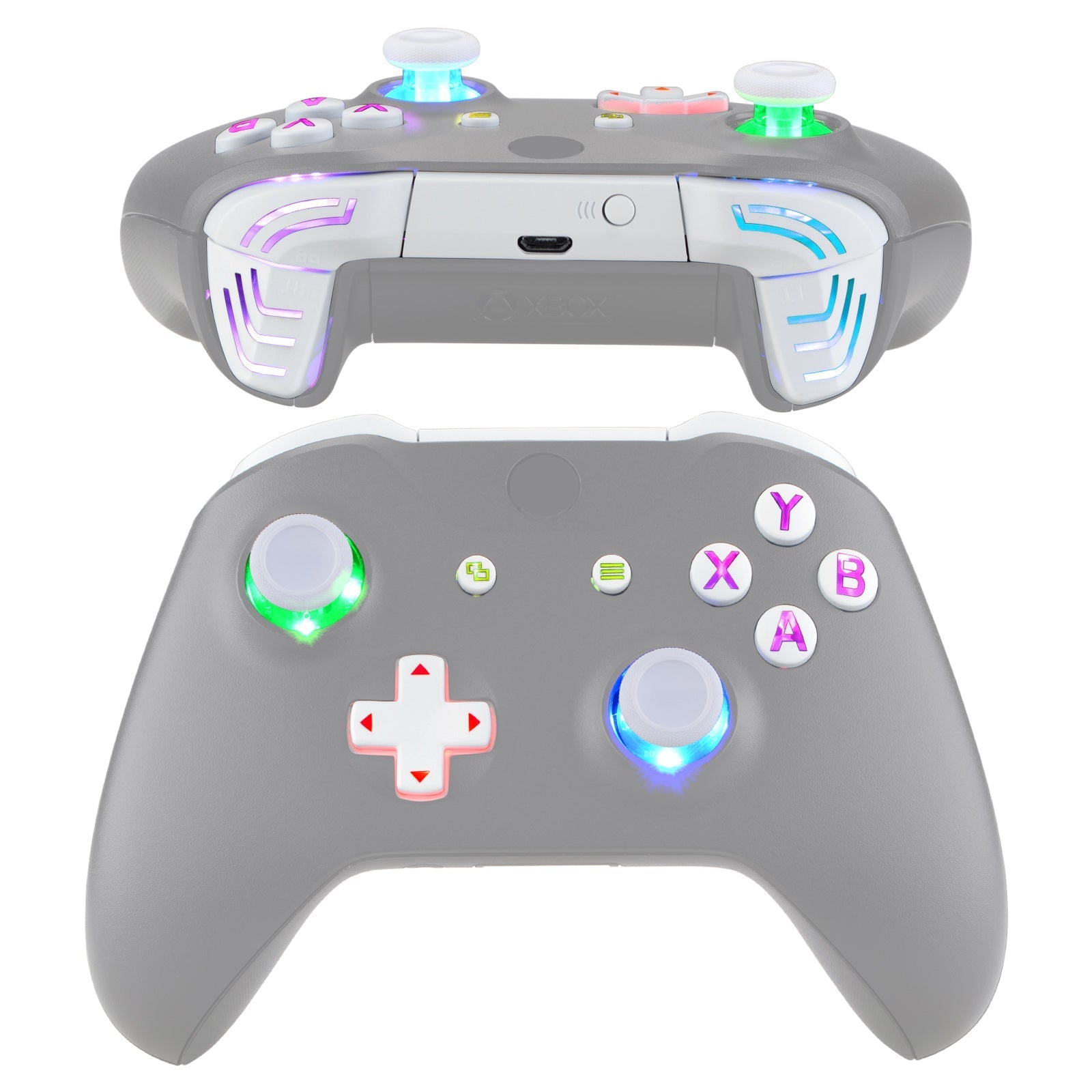 eXtremeRate Retail White Multi-Colors Luminated Dpad Thumbsticks Start Back ABXY Action Buttons, Classical Symbols Buttons DTFS (DTF 2.0) LED Kit for Xbox One S/X Controller - Controller NOT Included - X1LED07