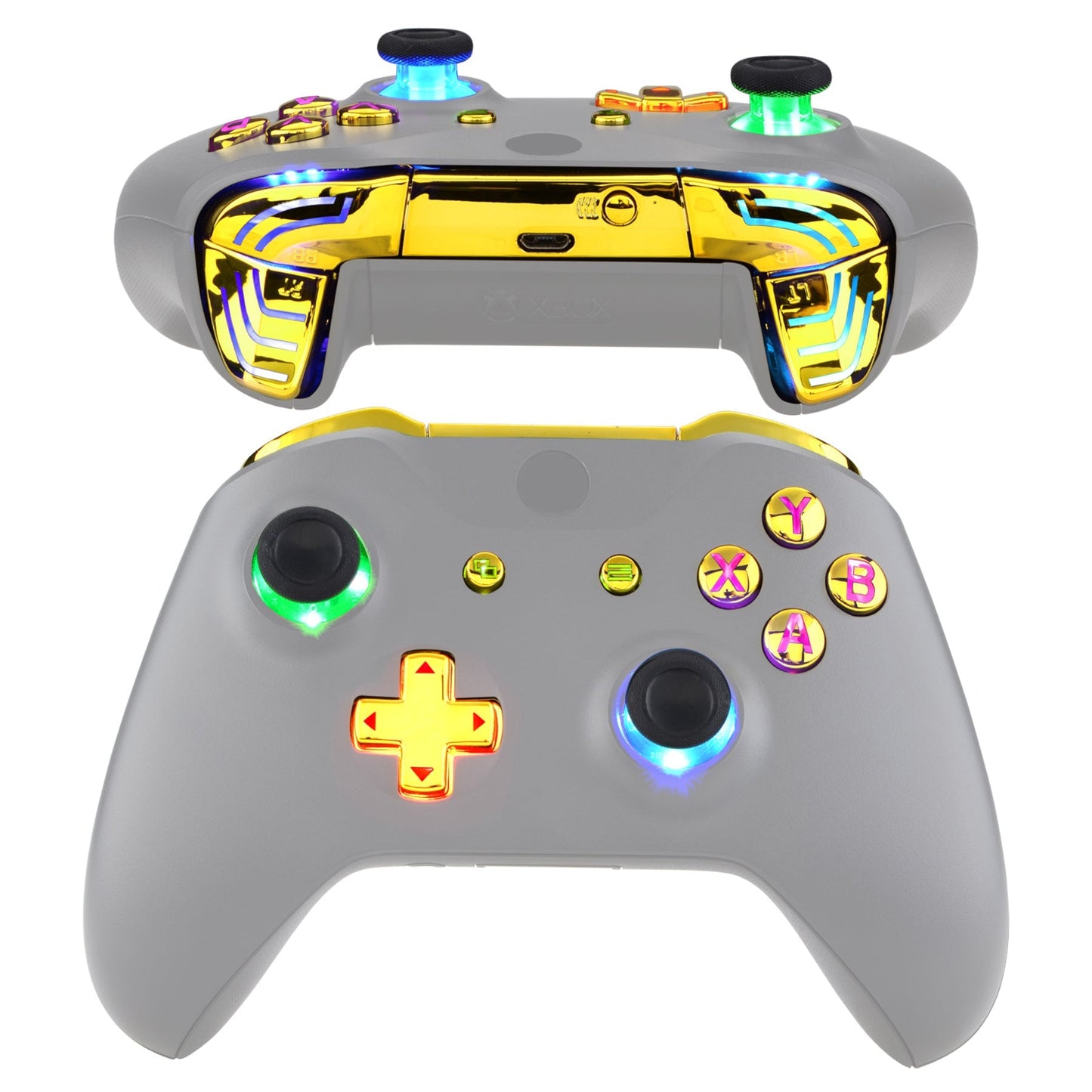 eXtremeRate Retail Chrome Gold Multi-Colors Luminated Dpad Thumbsticks Start Back ABXY Action Buttons, Classical Symbols Buttons DTFS (DTF 2.0) LED Kit for Xbox One S/X Controller - Controller NOT Included - X1LED08