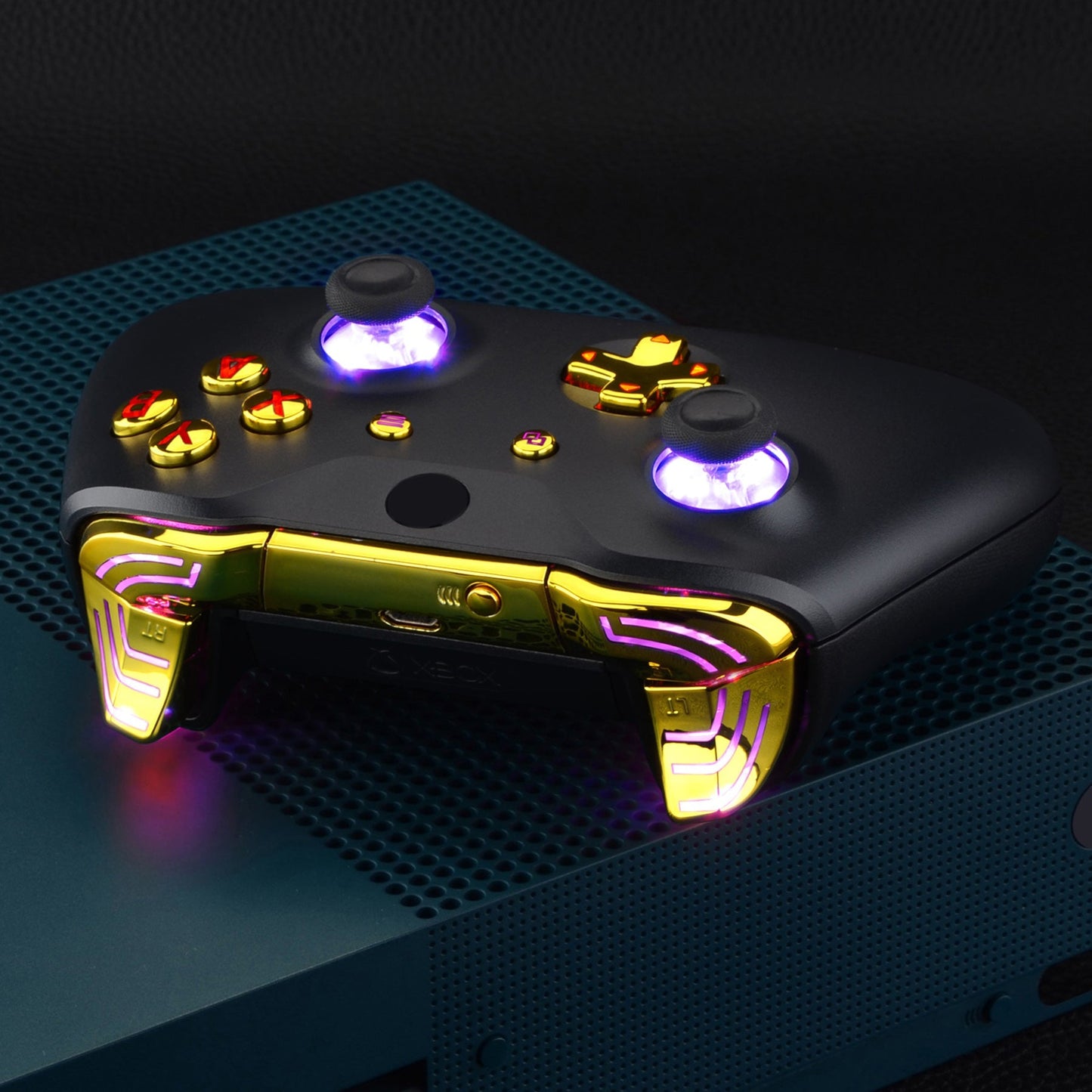 eXtremeRate Retail Chrome Gold Multi-Colors Luminated Dpad Thumbsticks Start Back ABXY Action Buttons, Classical Symbols Buttons DTFS (DTF 2.0) LED Kit for Xbox One S/X Controller - Controller NOT Included - X1LED08