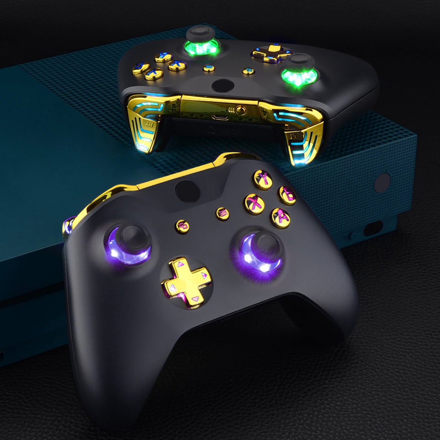 eXtremeRate Retail Chrome Gold Multi-Colors Luminated Dpad Thumbsticks Start Back ABXY Action Buttons, Classical Symbols Buttons DTFS (DTF 2.0) LED Kit for Xbox One S/X Controller - Controller NOT Included - X1LED08