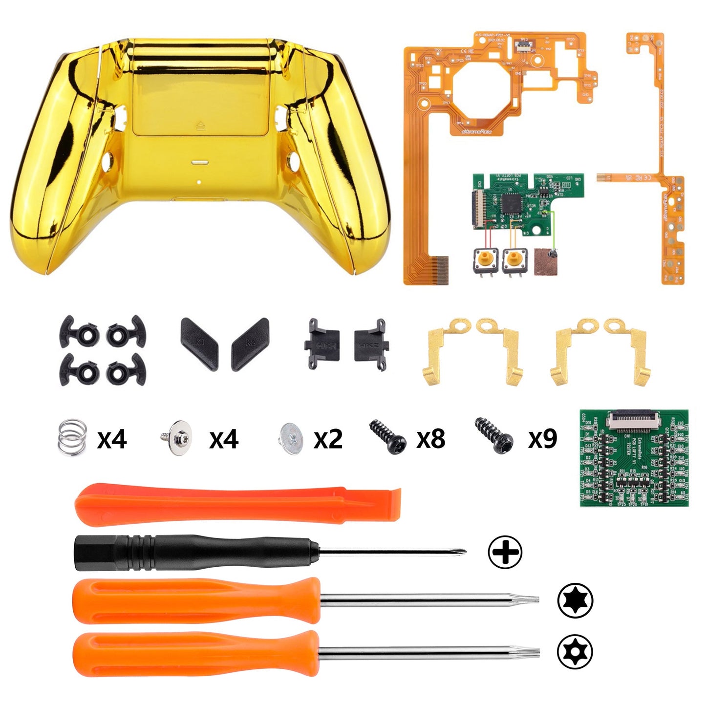 eXtremeRate Retail Chrome Gold Lofty Remappable Remap & Trigger Stop Kit, Redesigned Back Shell & Side Rails & Back Buttons & Trigger Lock for Xbox One Wireless Controller 1708 - X1RM006