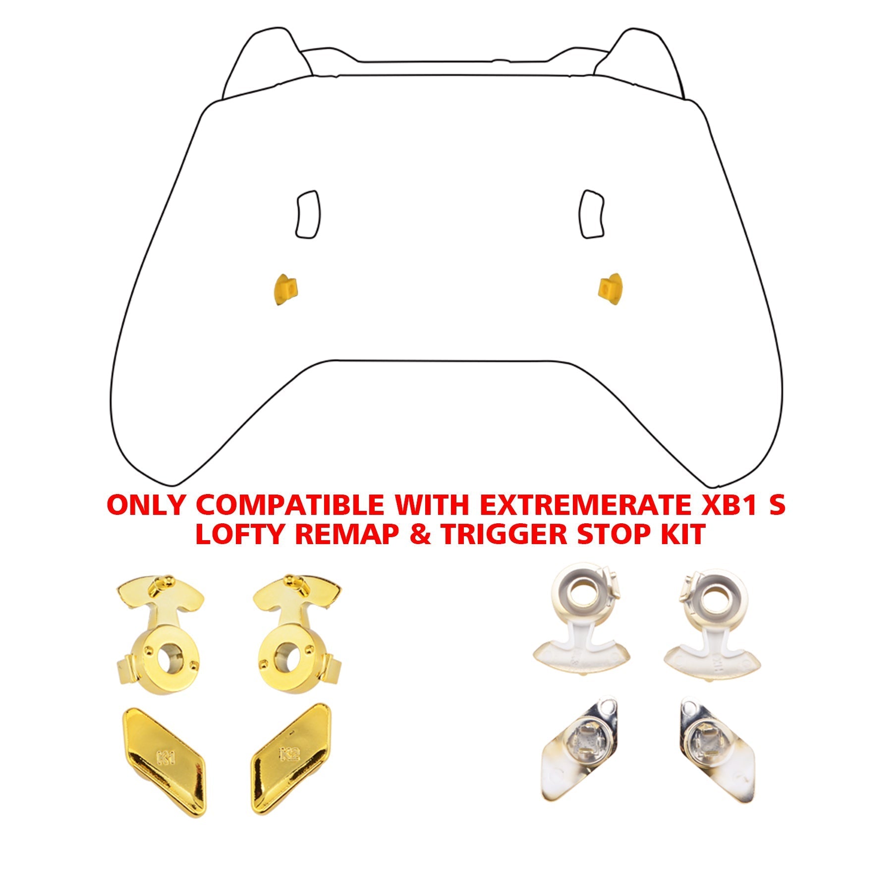 eXtremeRate Retail Chrome Gold Glossy Replacement Redesigned Back Buttons HK3 HK4 Trigger lock K1 K2 Paddles for eXtremeRate Xbox One S X Controller LOFTY Remap & Trigger Stop Kit - XOMD0032