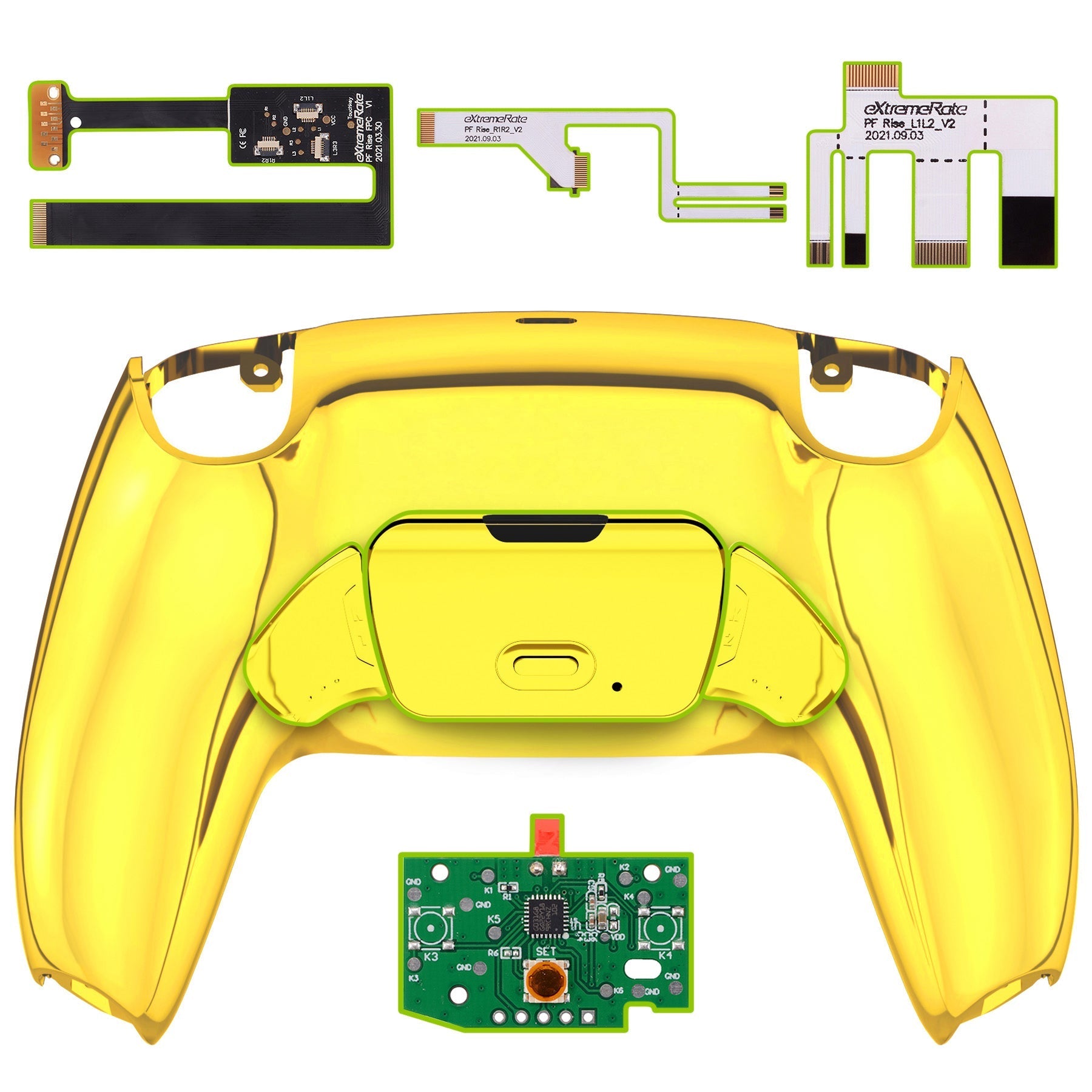 eXtremeRate Retail Chrome Gold Back Paddles Remappable Rise Remap Kit with Upgrade Board & Redesigned Back Shell & Back Buttons Attachment for PS5 Controller BDM-010 &BDM-020 - XPFD4001G2