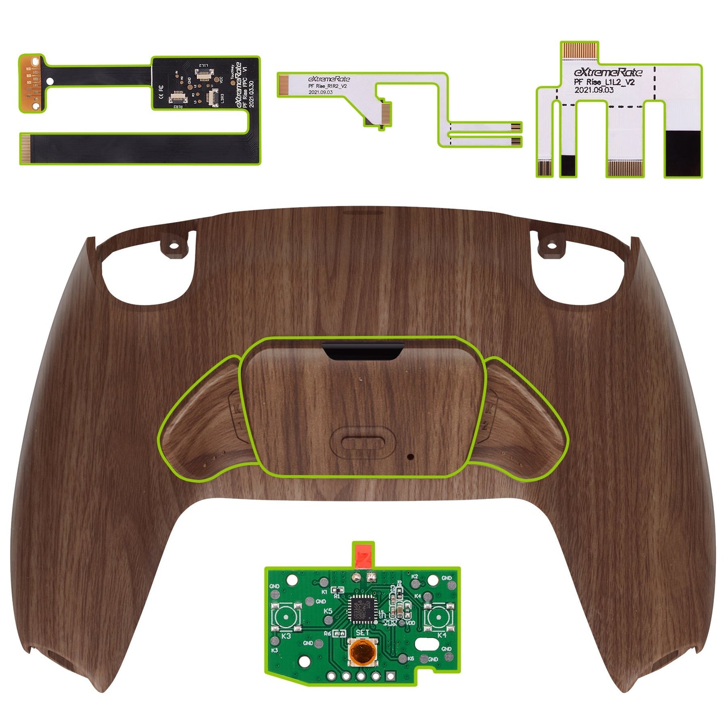 eXtremeRate Retail Wood Grain Back Paddles Remappable Rise Remap Kit with Upgrade Board & Redesigned Back Shell & Back Buttons Attachment for PS5 Controller BDM-010 & BDM-020 - XPFS2001G2