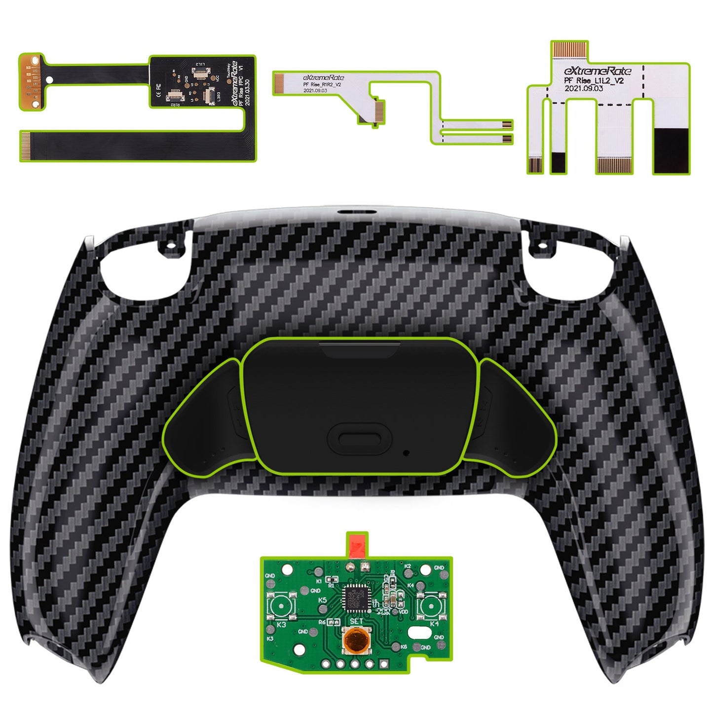 eXtremeRate Retail Graphite Carbon Fiber Pattern Back Paddles Remappable Rise Remap Kit with Upgrade Board & Redesigned Back Shell & Back Buttons Attachment for PS5 Controller BDM-010 & BDM-020 - XPFS2002G2