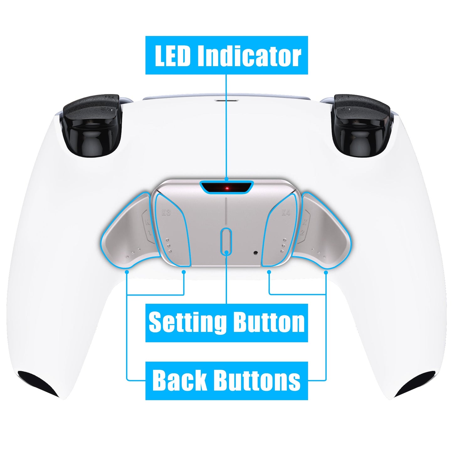 eXtremeRate Retail Silver Real Metal Buttons (RMB) Version RISE4 Remap Kit for PS5 Controller BDM-030 with White Redesigned Back Shell, Upgrade Board & 4 Back Buttons for PS5 Controller - YPFJ7008G3