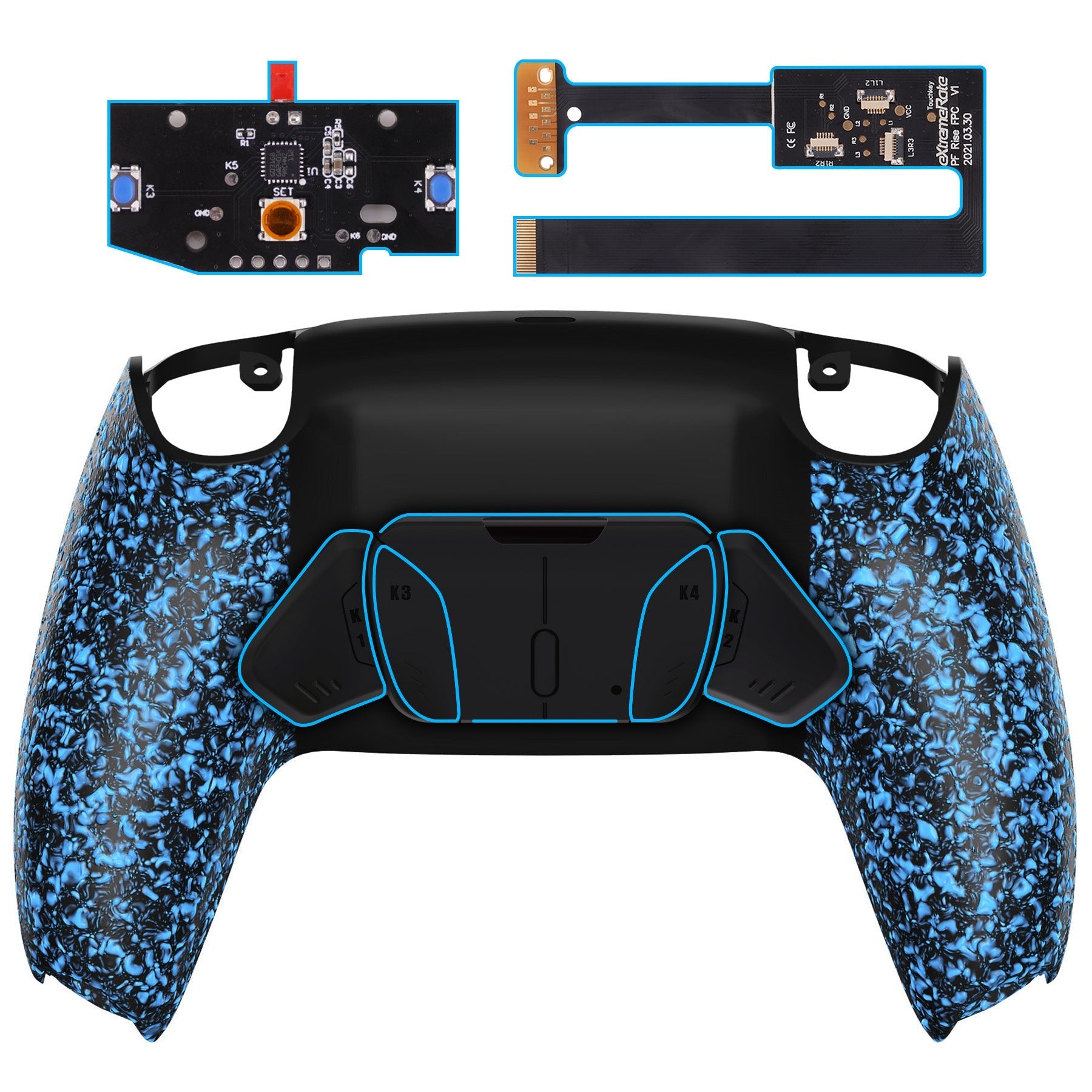 eXtremeRate Retail Textured Blue Remappable RISE 4.0 Remap Kit for ps5 Controller BDM 010 & BDM 020, Upgrade Board & Redesigned Back Shell & 4 Back Buttons for ps5 Controller - Controller NOT Included - YPFP3005