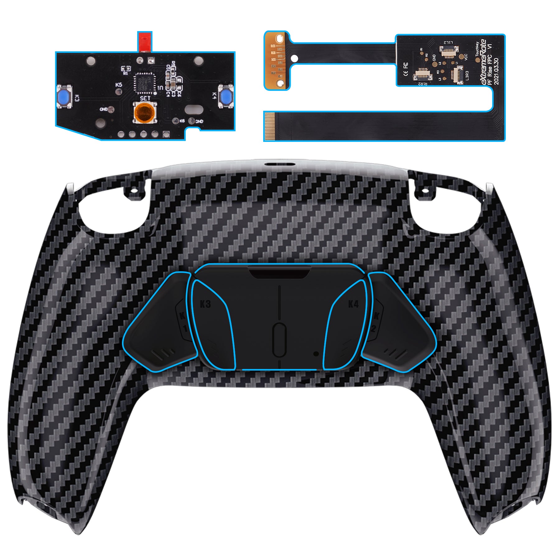 eXtremeRate Retail Graphite Carbon Fiber Pattern Remappable RISE 4.0 Remap Kit for ps5 Controller BDM 010 & BDM 020, Upgrade Board & Redesigned Back Shell & 4 Back Buttons for ps5 Controller - Controller NOT Included - YPFS2002