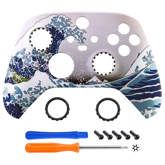 eXtremeRate Retail The Great Wave ASR Version Front Housing Shell with Accent Rings for Xbox Series X/S Controller, Custom Soft Touch Cover Faceplate for Xbox Core Controller Model 1914 - Controller NOT Included - YX3T106