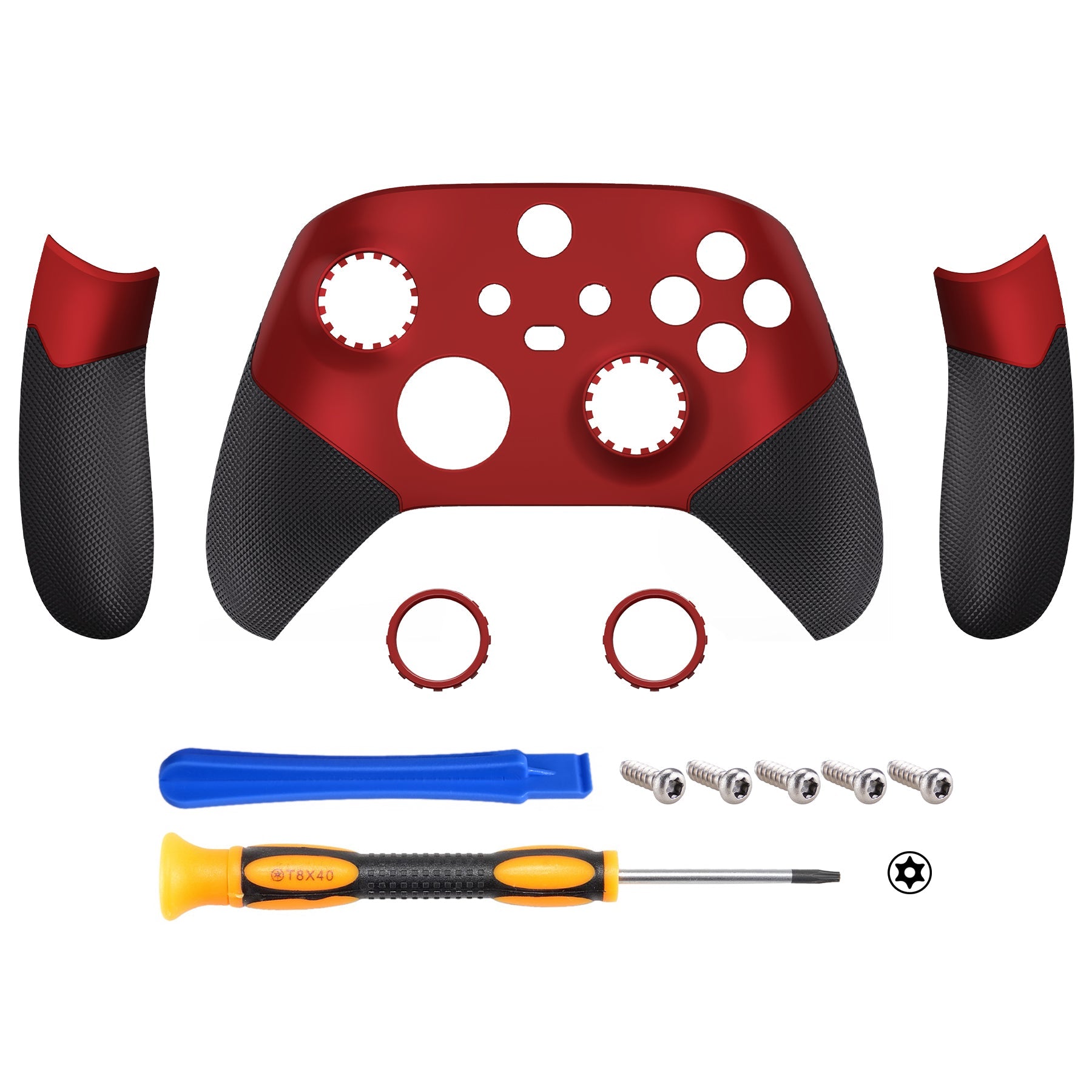 eXtremeRate ASR Version Performance Rubberized Side Rails Front Housing Shells with Accent Rings for Xbox Series X & S Controller - Rubberized Scarlet Red & Black eXtremeRate