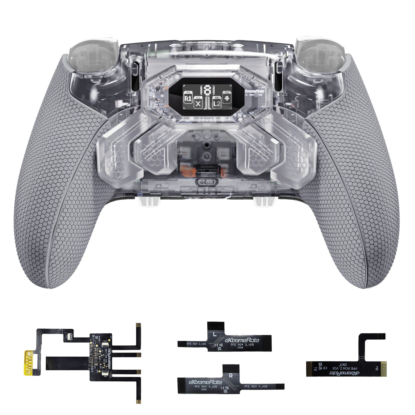 eXtremeRate PS5 edgeコントローラーに対応用BEYOND バックパドルキット、OLEDディスプレイ&エルゴノミックグリップ【クリア&グレー】