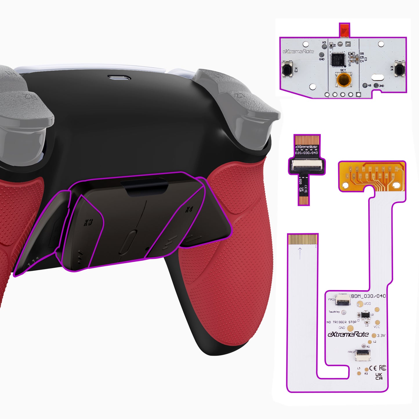 eXtremeRate PS5コントローラーBDM-030/040/050対応用ブラックリアルメタルボタン（RMB）バージョンRISE4 V3リマップキット【ラバー付きレッド】