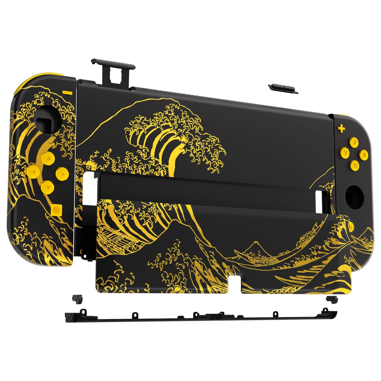 eXtremeRate Custom Replacement Full Set Shell with Buttons for Nintendo Switch OLED - The Great GOLDEN Wave Off Kanagawa - Black eXtremeRate