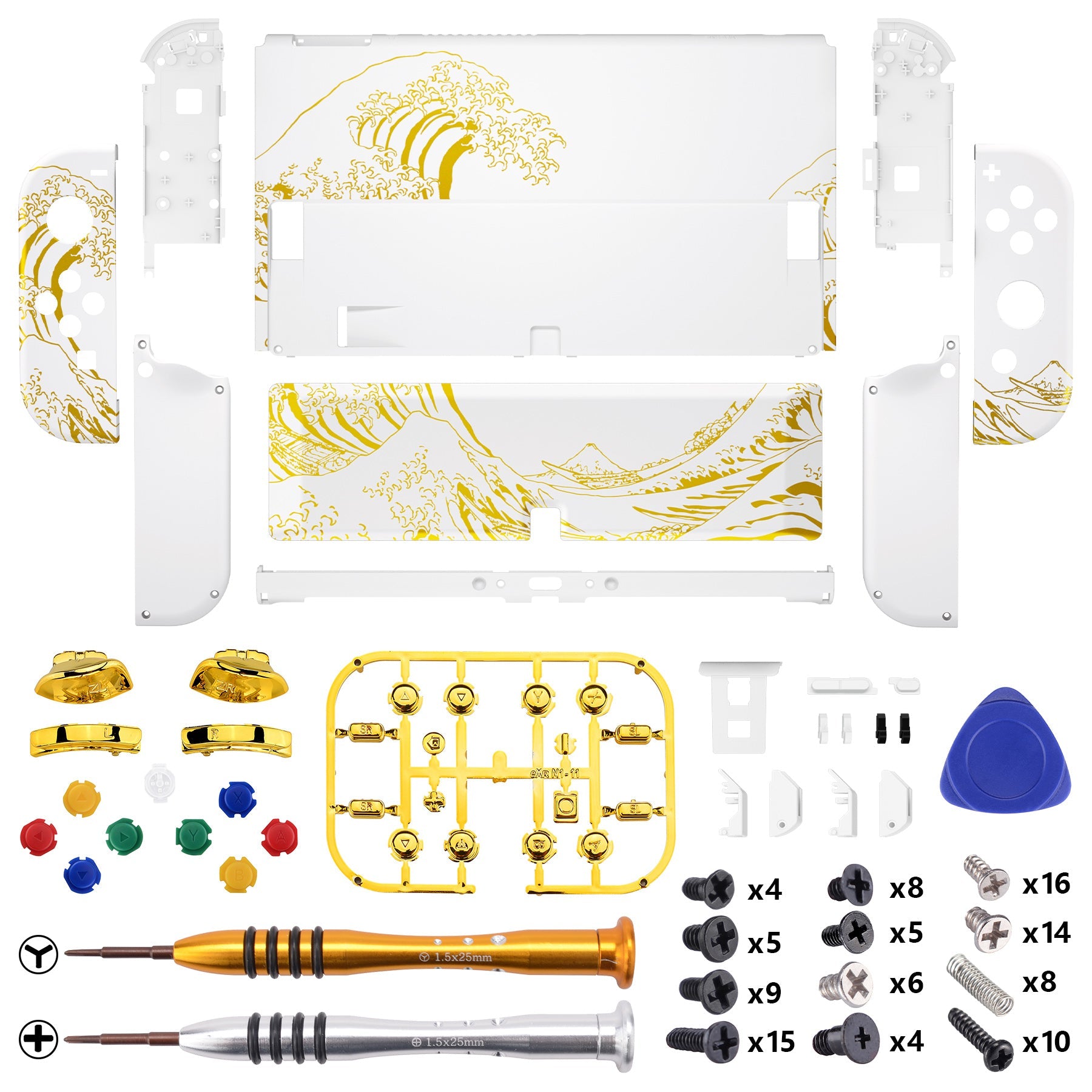 eXtremeRate Custom Replacement Full Set Shell with Buttons for Nintendo Switch OLED - The Great GOLDEN Wave Off Kanagawa - White eXtremeRate