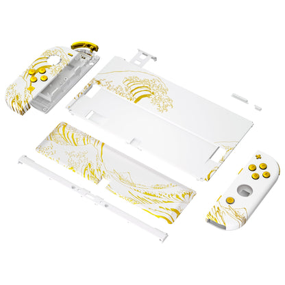 eXtremeRate Custom Replacement Full Set Shell with Buttons for Nintendo Switch OLED - The Great GOLDEN Wave Off Kanagawa - White eXtremeRate