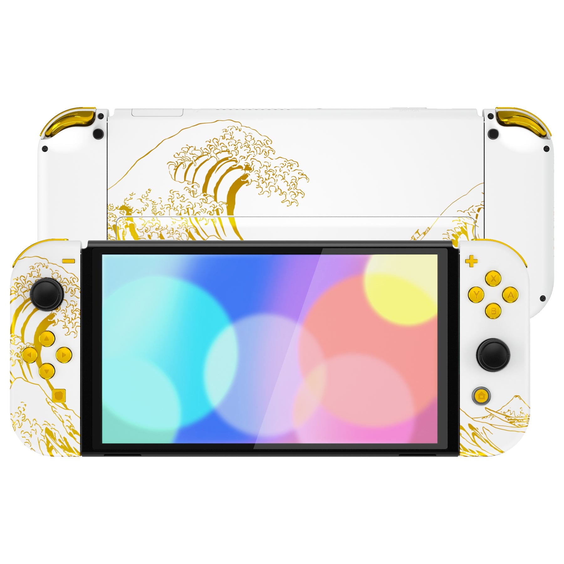 eXtremeRate Custom Replacement Full Set Shell with Buttons for Nintendo Switch OLED - The Great GOLDEN Wave Off Kanagawa - White eXtremeRate