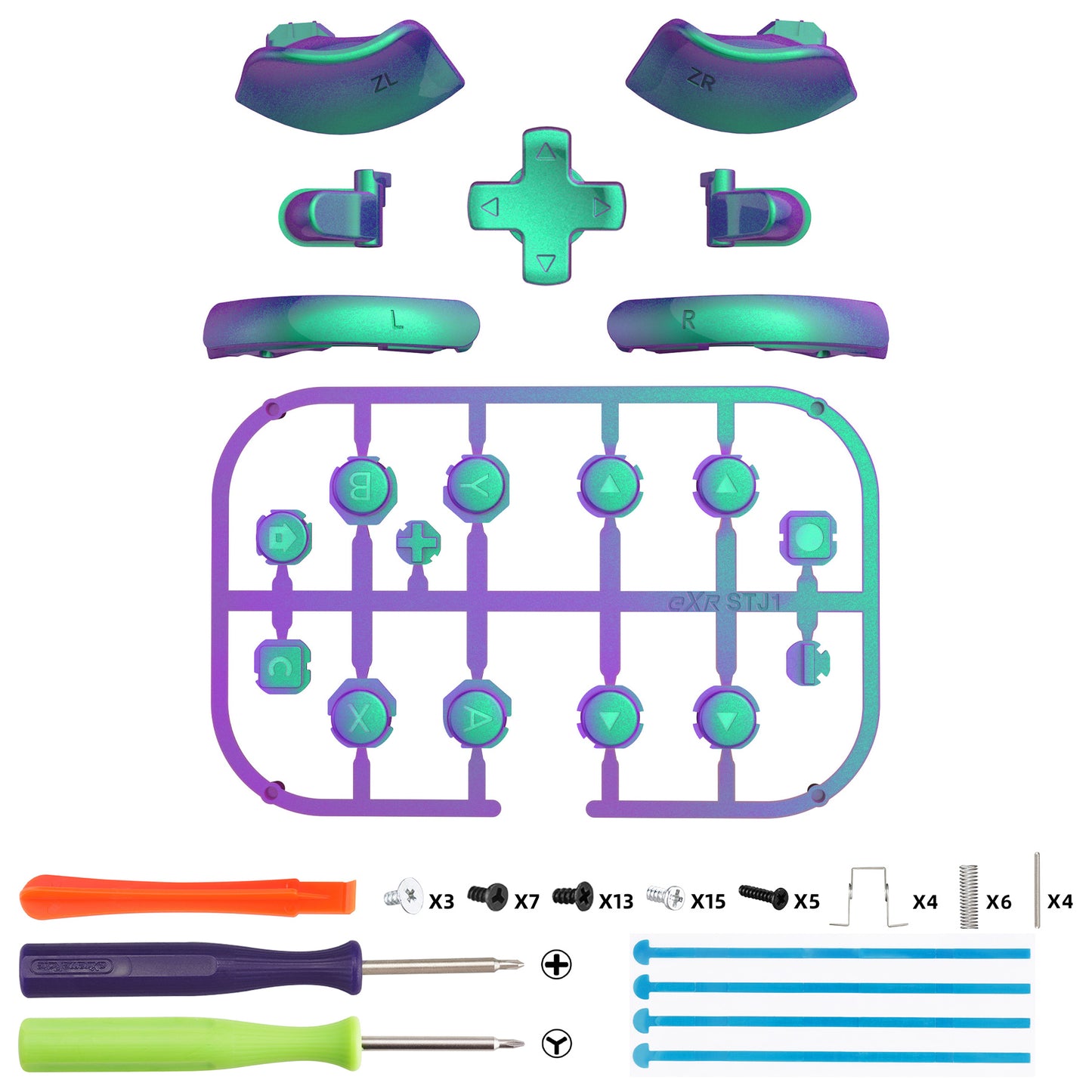 eXtremeRate Nintendo Switch 2ジョイコン対応交換フルセットボタン【カメレオングリーンパープル】