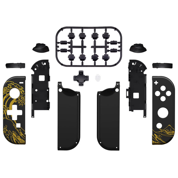 eXtremeRate NS Switch用ジョイコン交換フルセットシェルケース、方向キーバージョンボタン付き【神奈川沖の金色の波ブラック ...