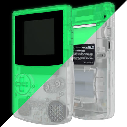 eXtremeRate IPS対応アップグレード版 ゲームボーイカラー（GBC）用交換フルセットシェル＆ボタン＆ブラック保護スクリーンレンズ、GBC OSD IPS、通常IPS、標準LCD対応【暗闇で光る-グリーン】