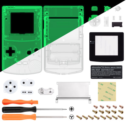 eXtremeRate IPS対応アップグレード版 ゲームボーイカラー（GBC）用交換フルセットシェル＆ボタン＆ブラック保護スクリーンレンズ、GBC OSD IPS、通常IPS、標準LCD対応【暗闇で光る-グリーン】