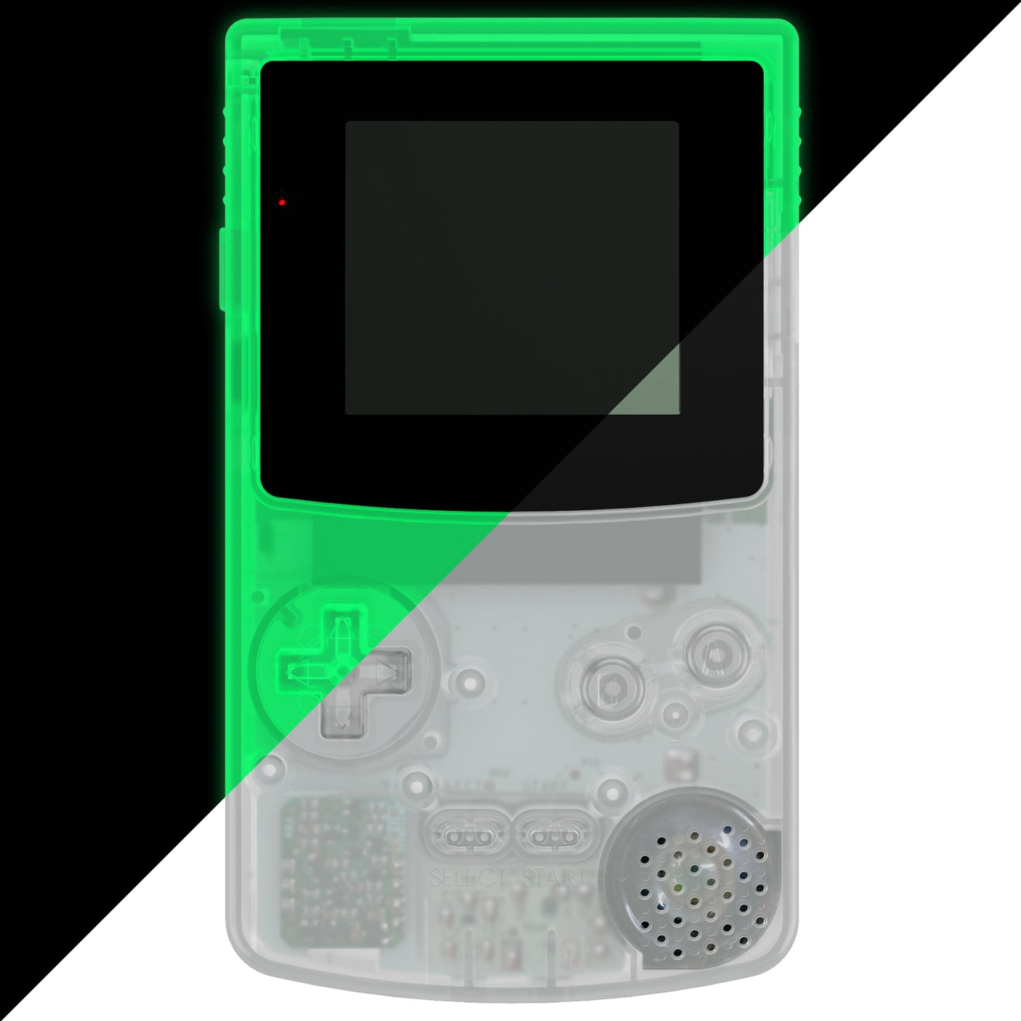 eXtremeRate IPS対応アップグレード版 ゲームボーイカラー（GBC）用交換フルセットシェル＆ボタン＆ブラック保護スクリーンレンズ、GBC OSD IPS、通常IPS、標準LCD対応【暗闇で光る-グリーン】