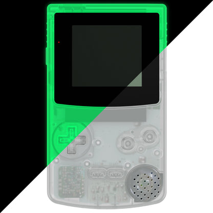eXtremeRate IPS対応アップグレード版 ゲームボーイカラー（GBC）用交換フルセットシェル＆ボタン＆ブラック保護スクリーンレンズ、GBC OSD IPS、通常IPS、標準LCD対応【暗闇で光る-グリーン】