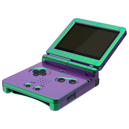 eXtremeRate IPS対応アップグレード版ゲームボーイアドバンスSP（GBA SP）用交換フルセットシェル＆ボタン、IPSおよび標準LCD両方に対応【カメレオングリーンパープル】