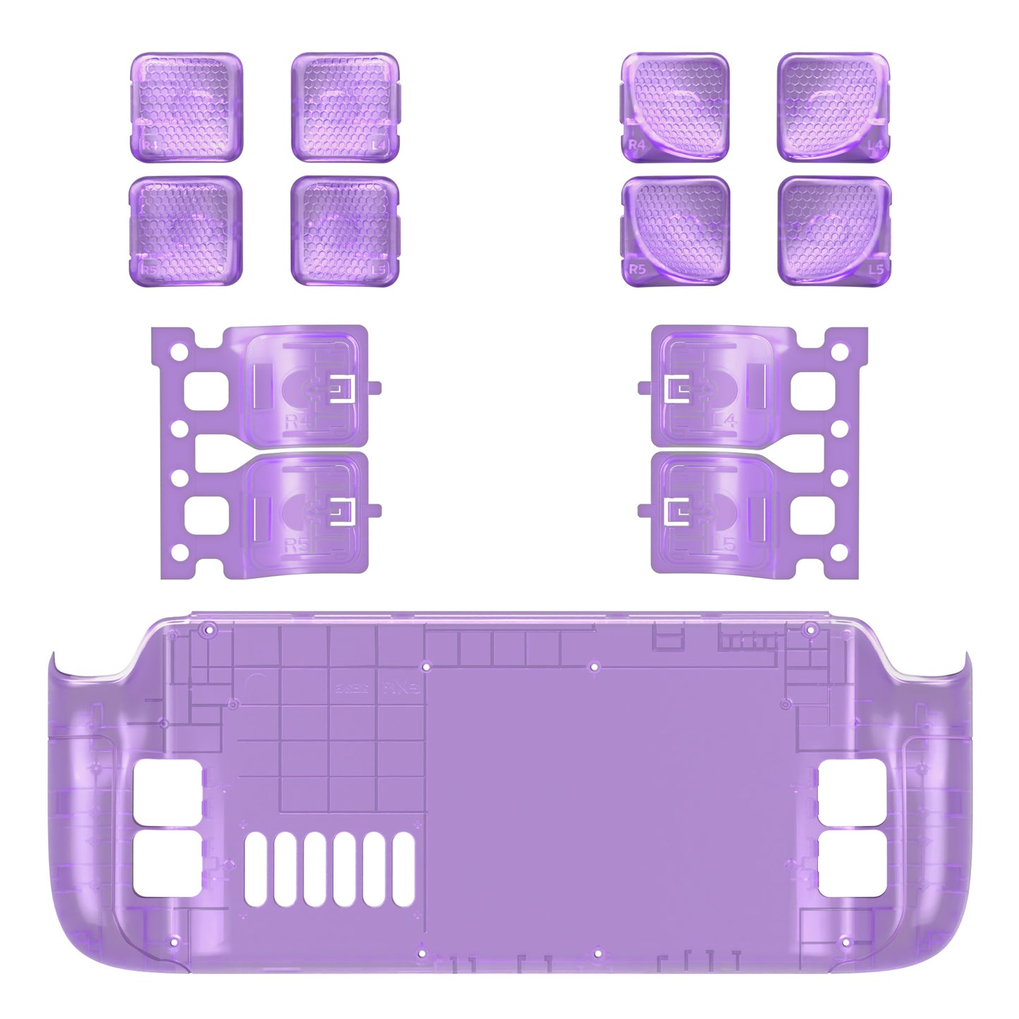 eXtremeRate Steam Deck LCD&OLED対応用交換式背面ボタン搭載ボトムシェル【クリアパープル】