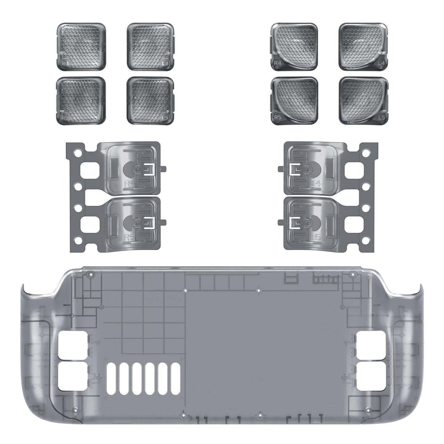eXtremeRate Steam Deck LCD&OLED対応用交換式背面ボタン搭載ボトムシェル【クリアブラック】
