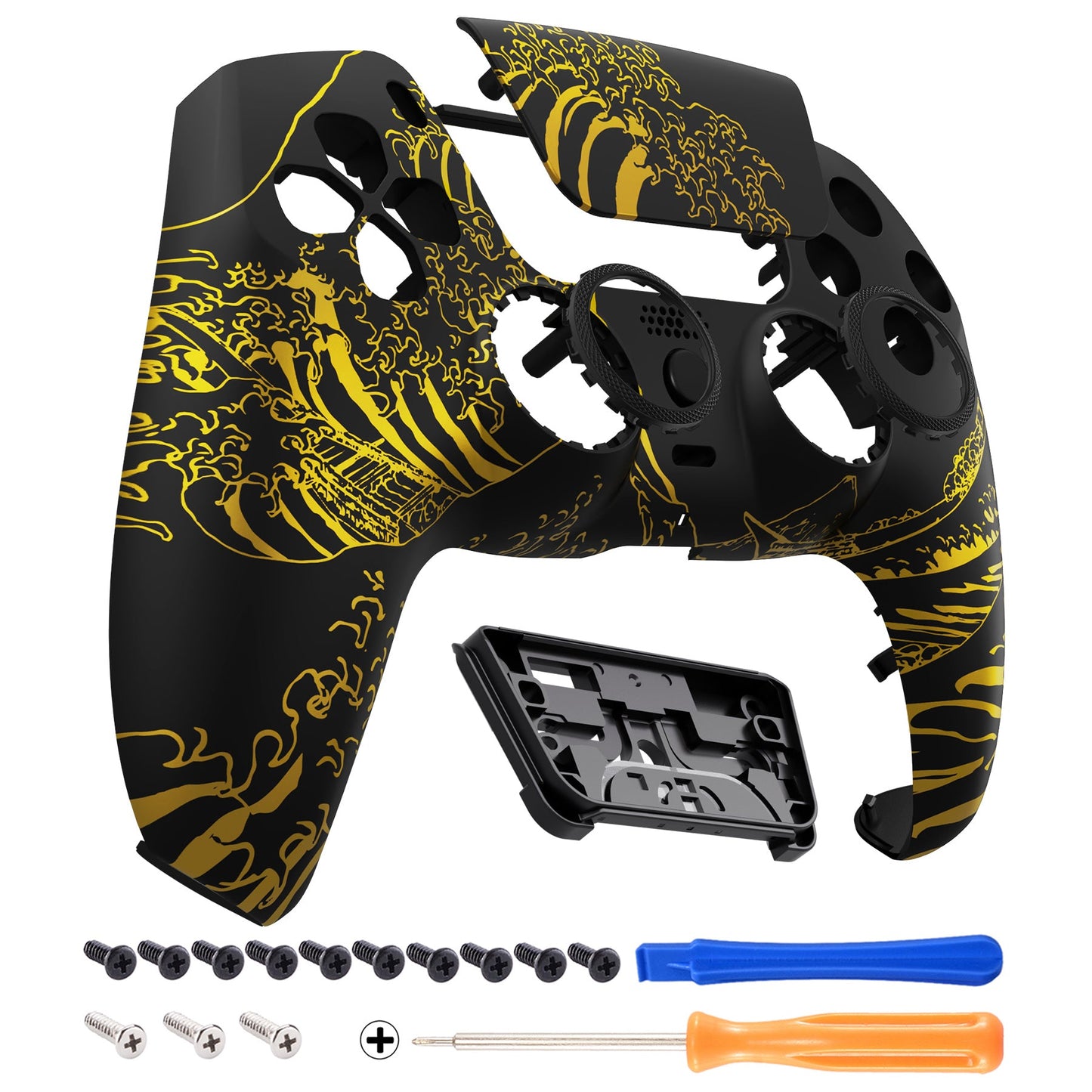 eXtremeRate LUNA Redesigned Replacement Front Shell with Touchpad Compatible with PS5 Controller BDM-010/020/030/040 - The Great GOLDEN Wave Off Kanagawa - Black eXtremeRate