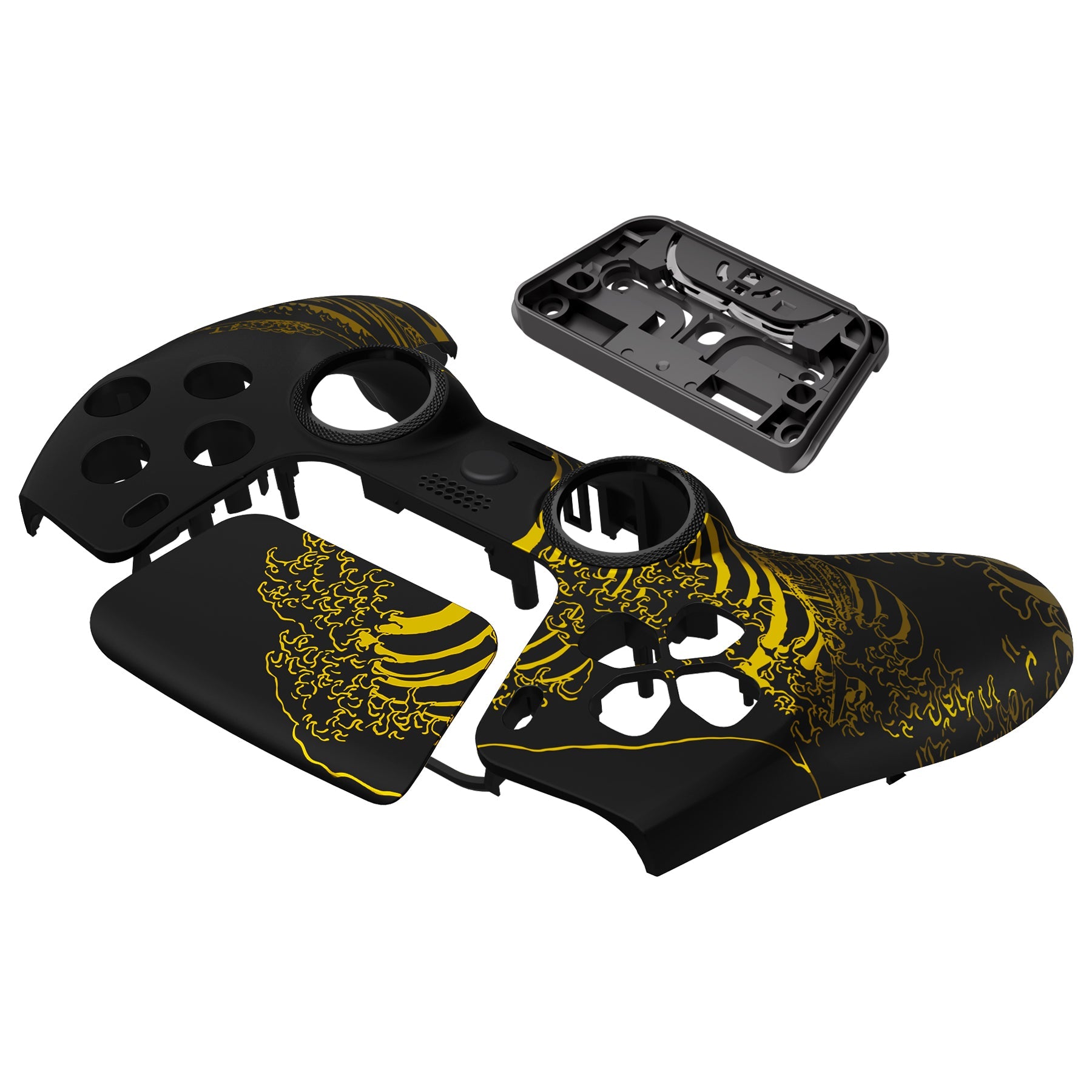 eXtremeRate LUNA Redesigned Replacement Front Shell with Touchpad Compatible with PS5 Controller BDM-010/020/030/040 - The Great GOLDEN Wave Off Kanagawa - Black eXtremeRate