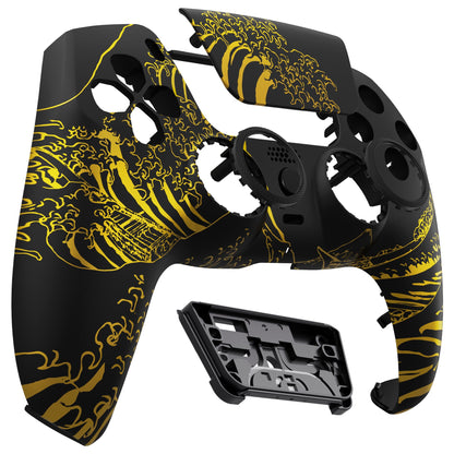 eXtremeRate LUNA Redesigned Replacement Front Shell with Touchpad Compatible with PS5 Controller BDM-010/020/030/040 - The Great GOLDEN Wave Off Kanagawa - Black eXtremeRate