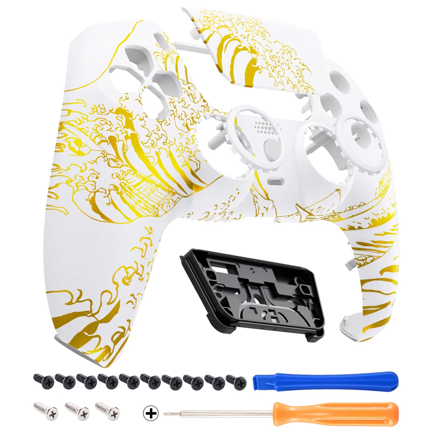 eXtremeRate LUNA Redesigned Replacement Front Shell with Touchpad Compatible with PS5 Controller BDM-010/020/030/040 - The Great GOLDEN Wave Off Kanagawa - White eXtremeRate