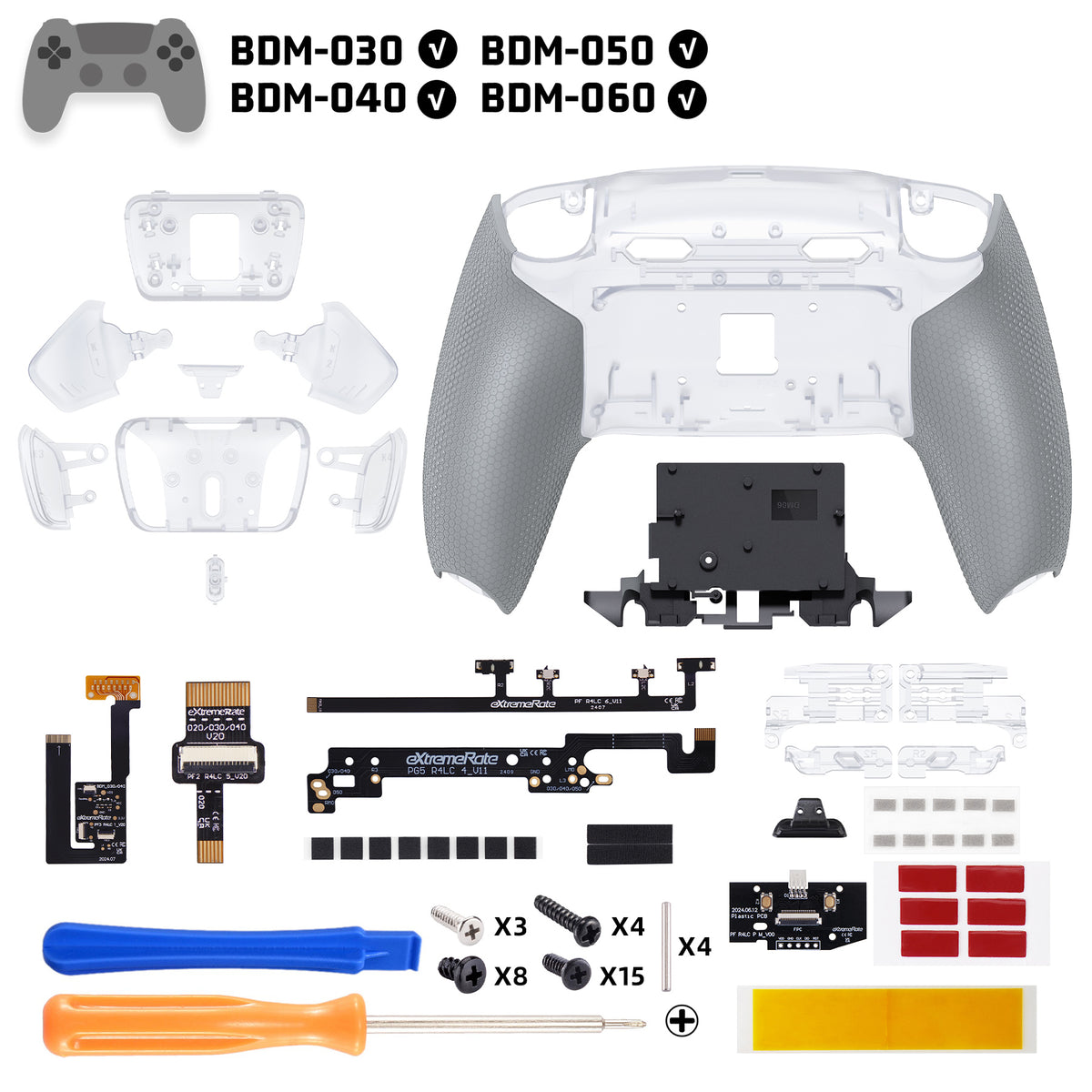 eXtremeRate PS5コントローラーBDM-030/040/050/060対応用RISE4 Plus MAXバックパドルキット、クリッキートリガーストップ＆ラバーグリップ付き【クリア&グレー】