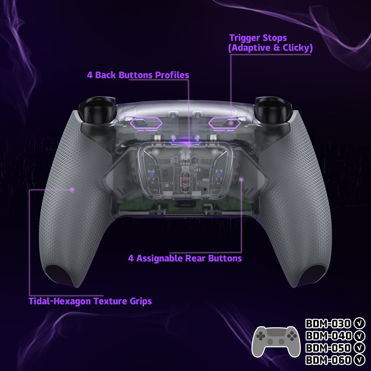 eXtremeRate PS5コントローラーBDM-030/040/050/060対応用RISE4 Plus MAXバックパドルキット、クリッキートリガーストップ＆ラバーグリップ付き【クリア&グレー】