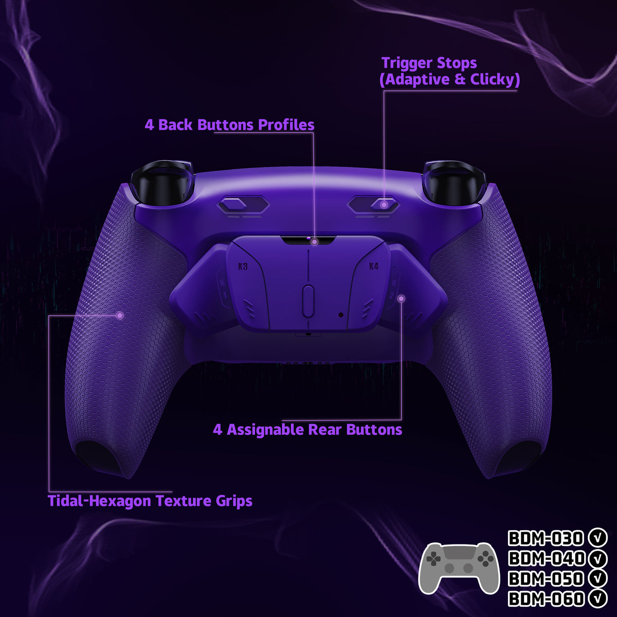 eXtremeRate PS5コントローラーBDM-030/040/050/060対応用RISE4 Plus MAXバックパドルキット、クリッキートリガーストップ＆ラバーグリップ付き【ラバー付き深い青紫色】