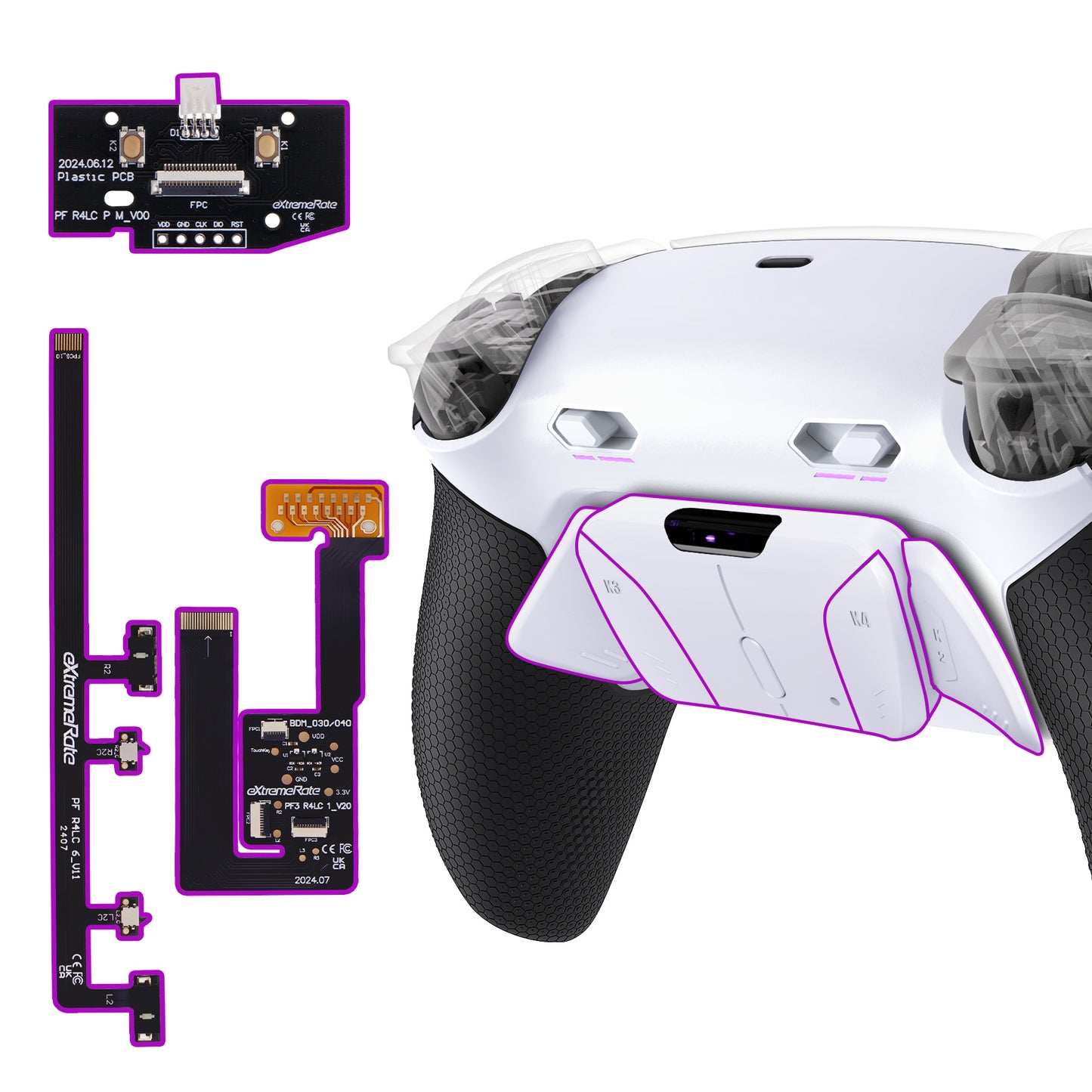 eXtremeRate PS5コントローラーBDM-030/040/050/060対応用RISE4 Plus MAXバックパドルキット、クリッキートリガーストップ＆ラバーグリップ付き【ホワイトブラック-ホワイト背面ボタン】