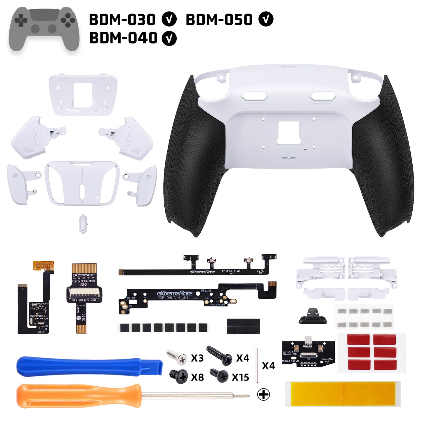 eXtremeRate PS5コントローラーBDM-030/040/050対応用RISE4 Plus MAXバックパドルキット、クリッキートリガーストップ＆ラバーグリップ付き【ラバー付き黒いグリップ白い背面パドル】