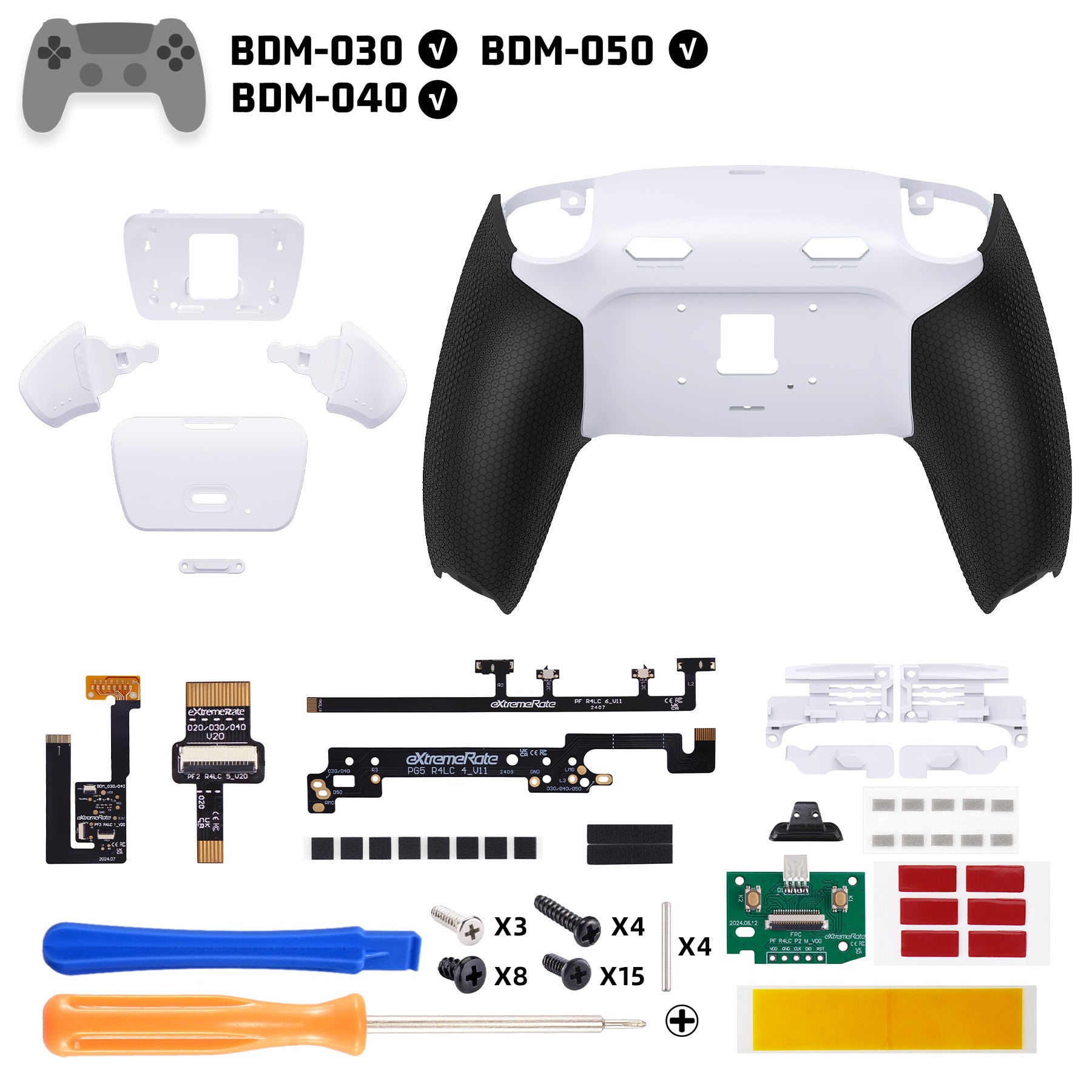 eXtremeRate PS5コントローラーBDM-030/040/050対応用RISE Plus  MAXバックパドルキット、クリッキートリガーストップ＆ラバーグリップ付き【ラバー付き黒いグリップ白い背面パドル】