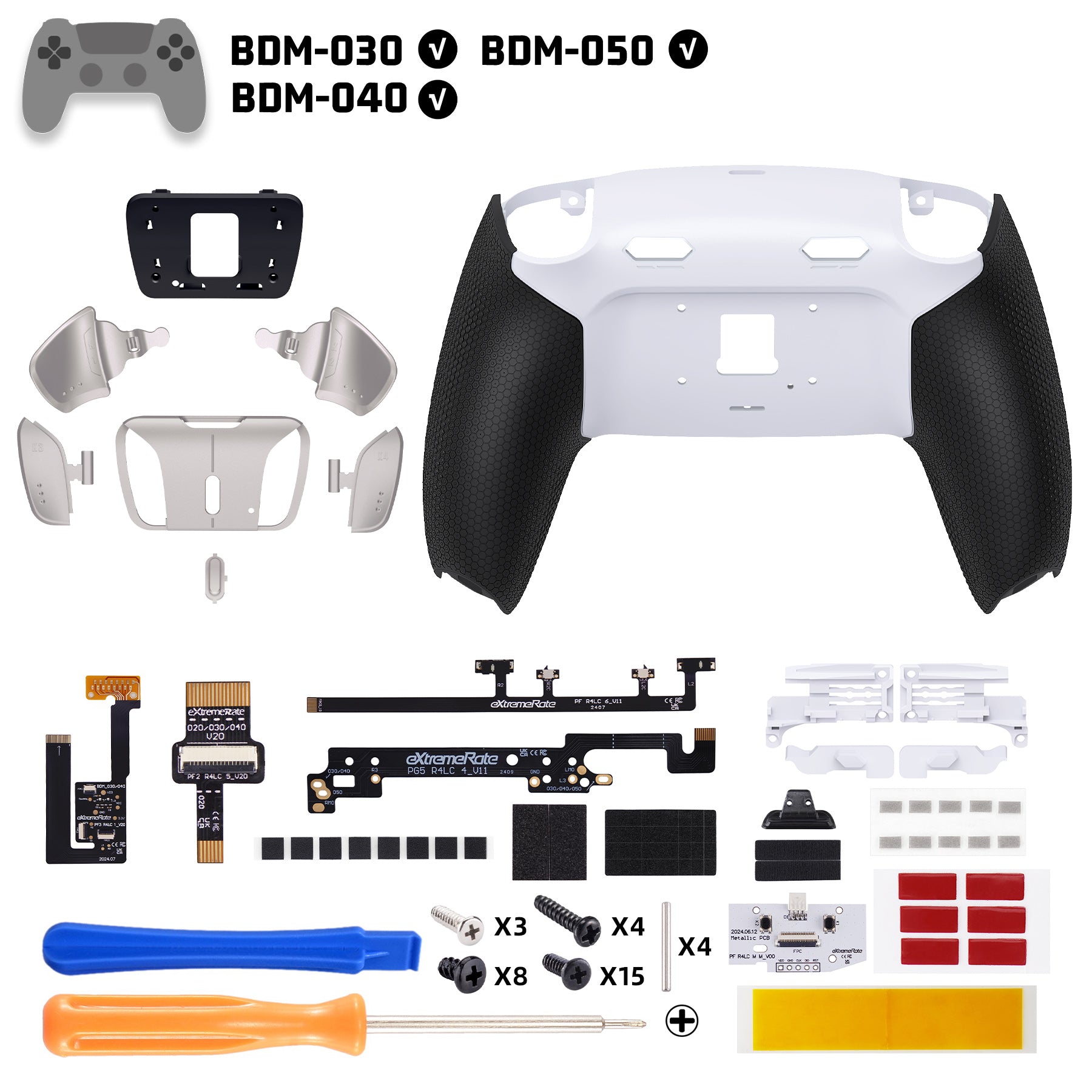 eXtremeRate PS5コントローラーBDM-030/040/050対応用リアルメタルボタン (RMB) バージョンRISE4 Plus  MAXバックパドルキット、クリッキートリガーストップ＆ラバーグリップ付き[ゴム付きブラックグリップ、シルバーバックパドル]