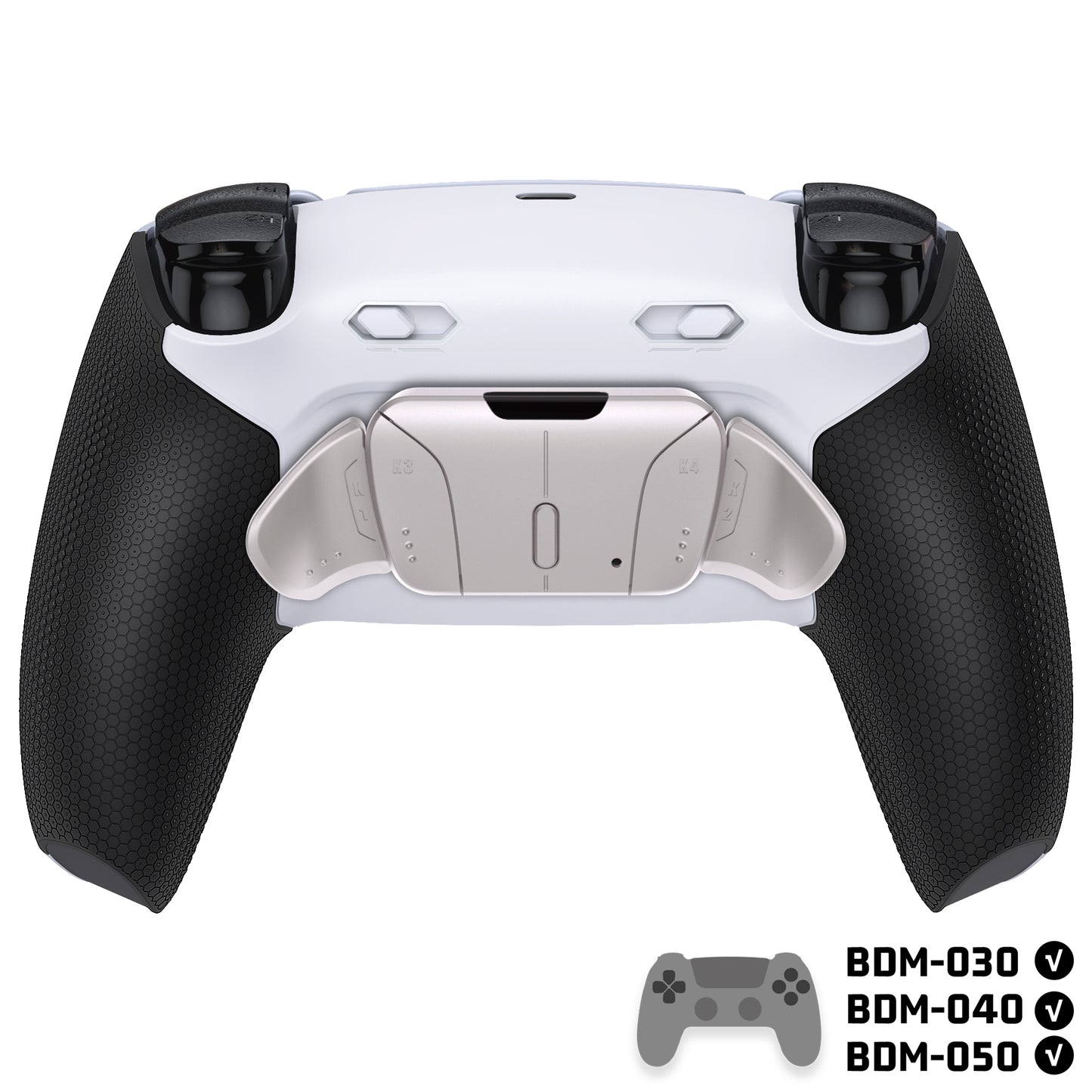 eXtremeRate PS5コントローラーBDM-030/040/050対応用リアルメタルボタン (RMB) バージョンRISE4 Plus MAXバックパドルキット、クリッキートリガーストップ＆ラバーグリップ付き[ゴム付きブラックグリップ、シルバーバックパドル]