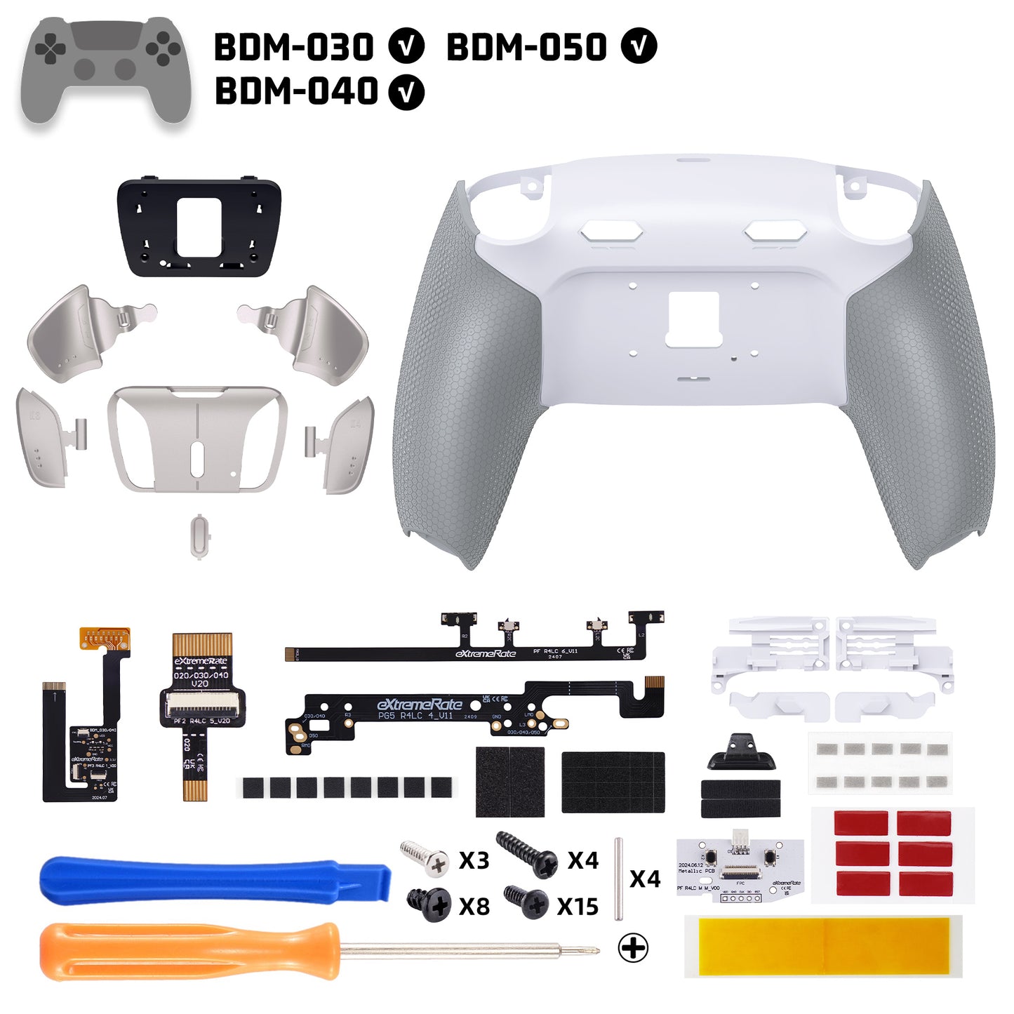 eXtremeRate PS5コントローラーBDM-030/040/050対応用リアルメタルボタン (RMB) バージョンRISE4 Plus MAXバックパドルキット、クリッキートリガーストップ＆ラバーグリップ付き【ラバー付きグレー】