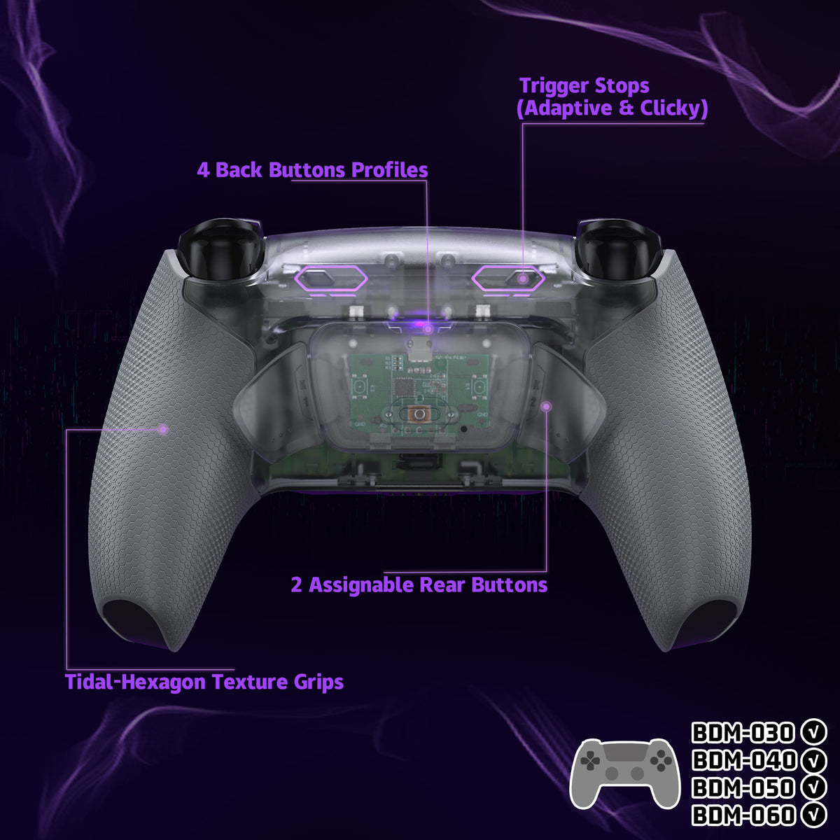 eXtremeRate PS5コントローラーBDM-030/040/050/060対応用RISE Plus MAXバックパドルキット、クリッキートリガーストップ＆ラバーグリップ付き【クリア&グレー】