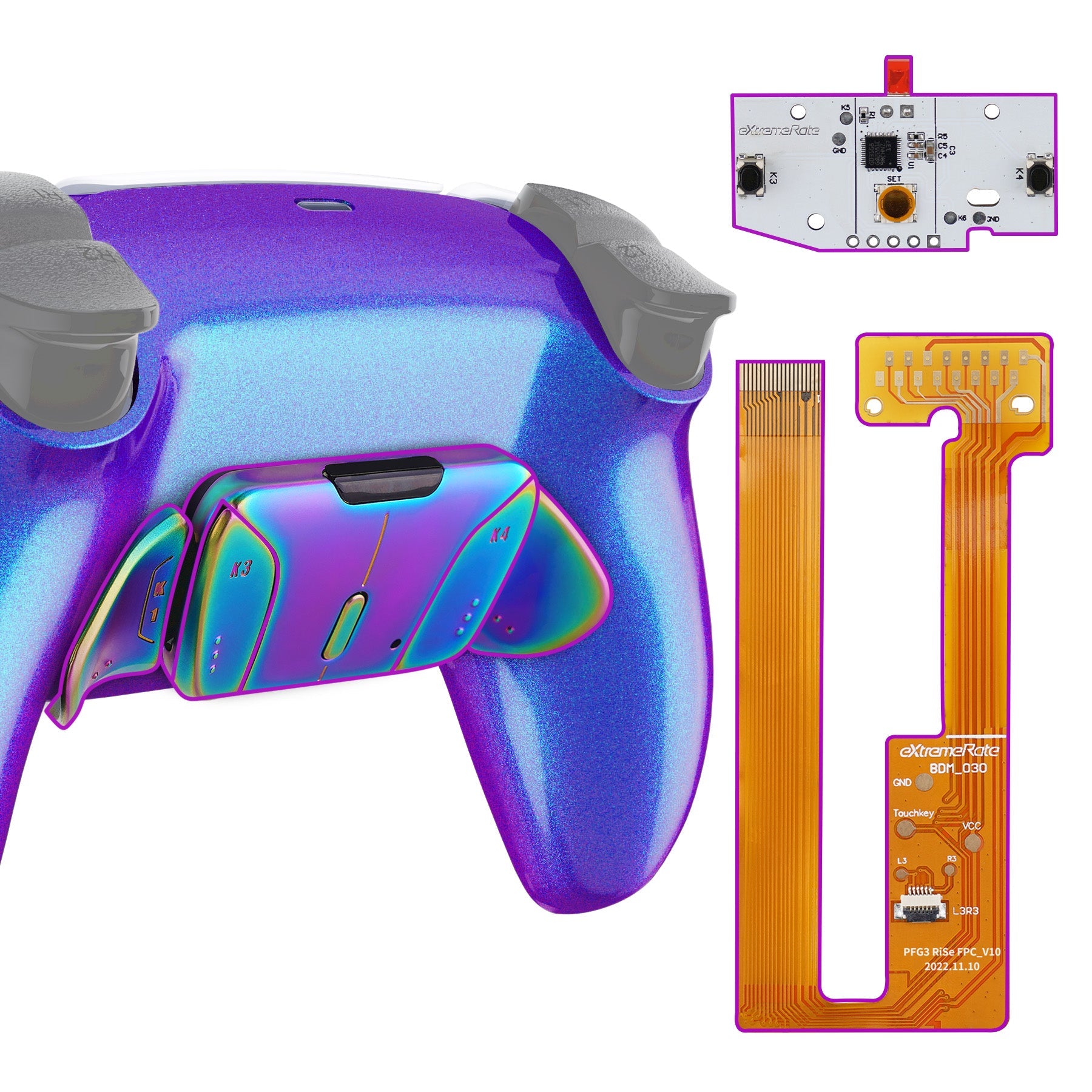 eXtremeRate Rainbow Aura Blue & Purple Real Metal Buttons (RMB) Version RISE 4.0 Remap Kit for PS5 Controller BDM-030/040 - Chameleon Purple Blue eXtremeRate