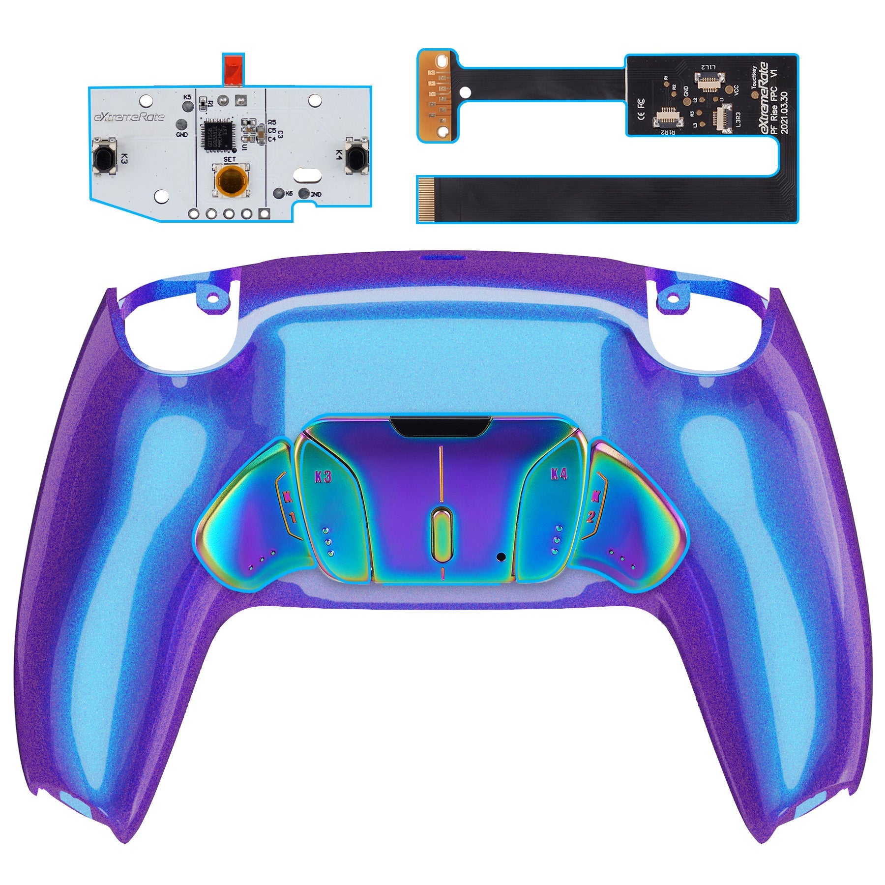 eXtremeRate Rainbow Aura Blue & Purple Real Metal Buttons (RMB) Version RISE4 Remap Kit for PS5 Controller BDM-010/020 - Chameleon Purple Blue eXtremeRate