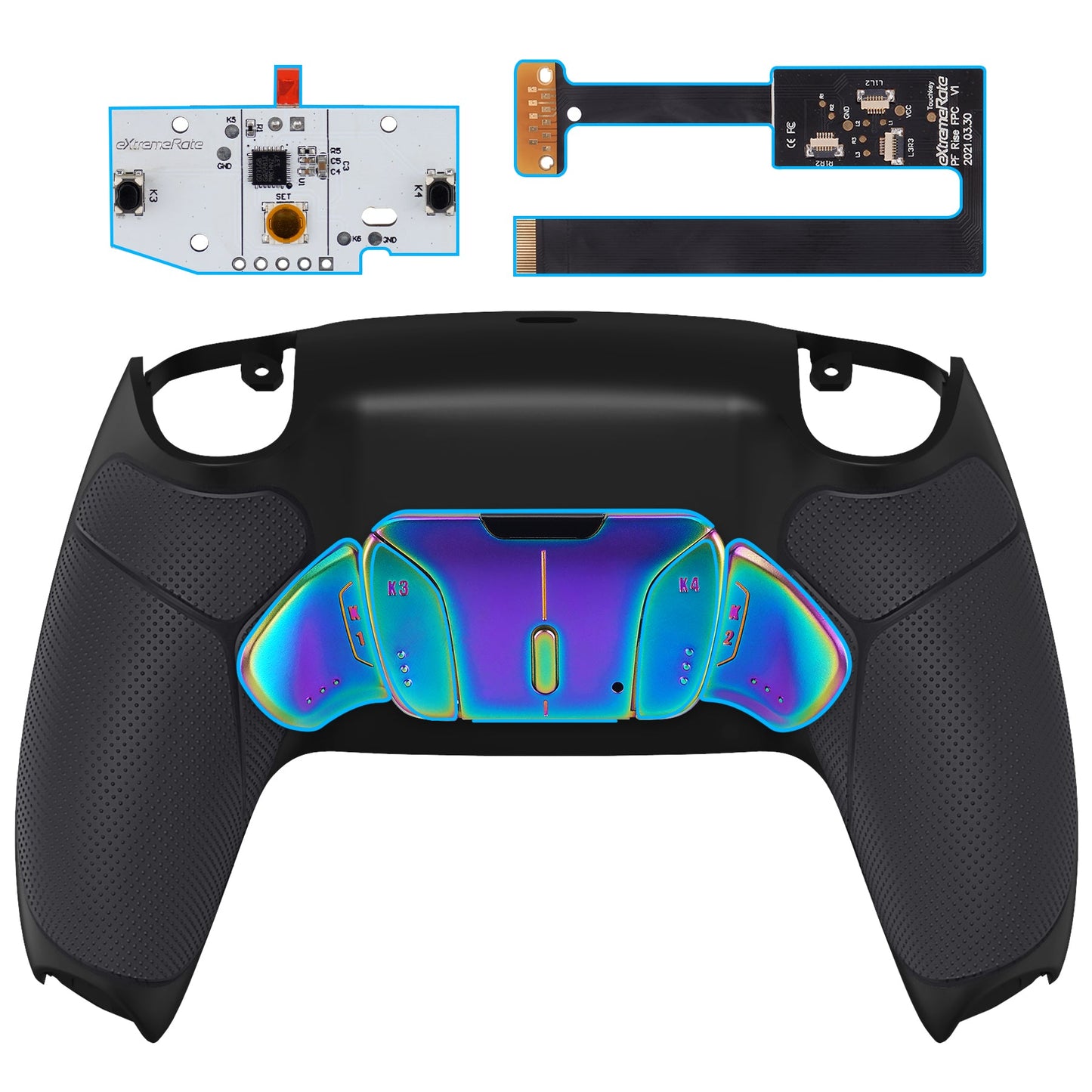 eXtremeRate Rainbow Aura Blue & Purple Real Metal Buttons (RMB) Version RISE4 Remap Kit for PS5 Controller BDM-010/020 - Rubberized Black eXtremeRate