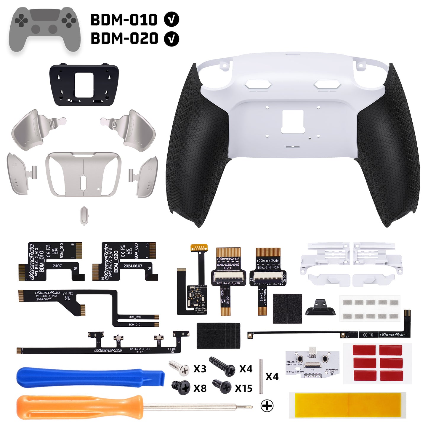 eXtremeRate PS5コントローラーBDM-010/020対応用リアルメタルボタン (RMB) バージョンRISE4 Plus MAXバックパドルキット、クリッキートリガーストップ＆ラバーグリップ付き[ゴム付きブラックグリップ、シルバーバックパドル]