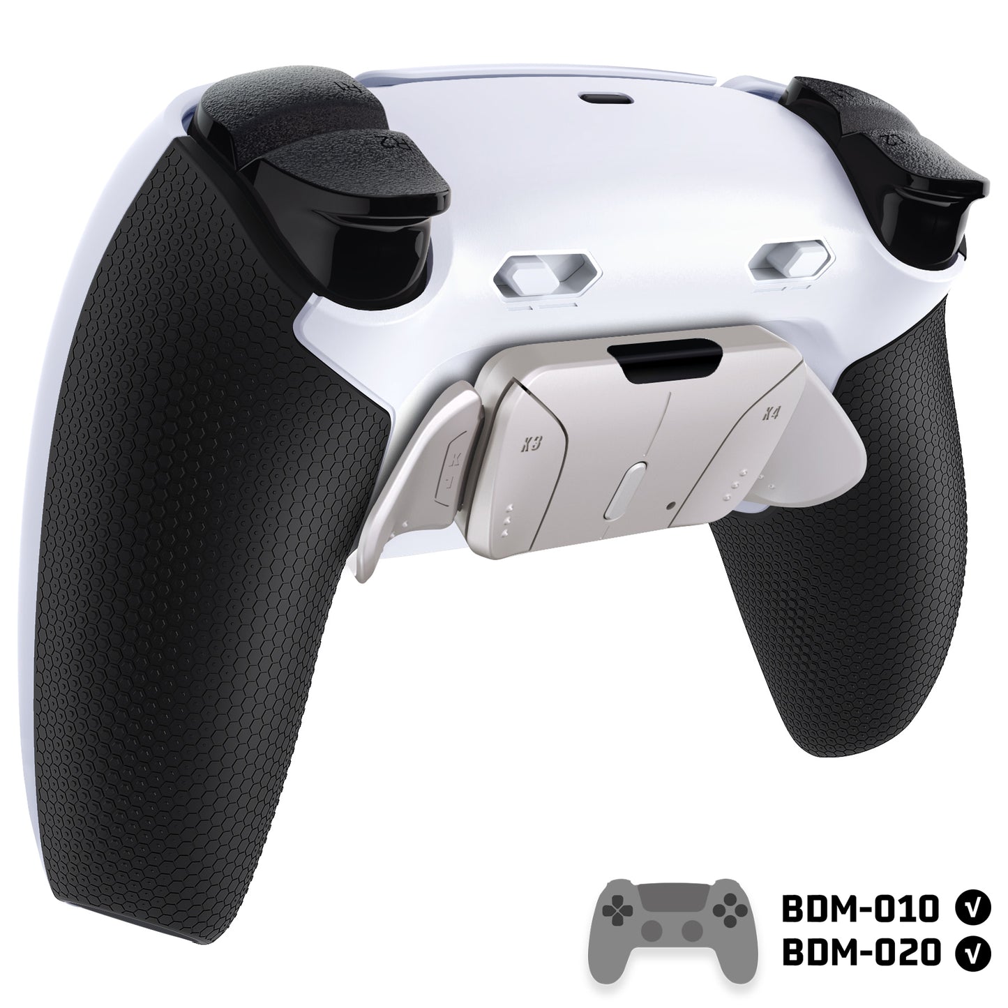 eXtremeRate PS5コントローラーBDM-010/020対応用リアルメタルボタン (RMB) バージョンRISE4 Plus MAXバックパドルキット、クリッキートリガーストップ＆ラバーグリップ付き[ゴム付きブラックグリップ、シルバーバックパドル]