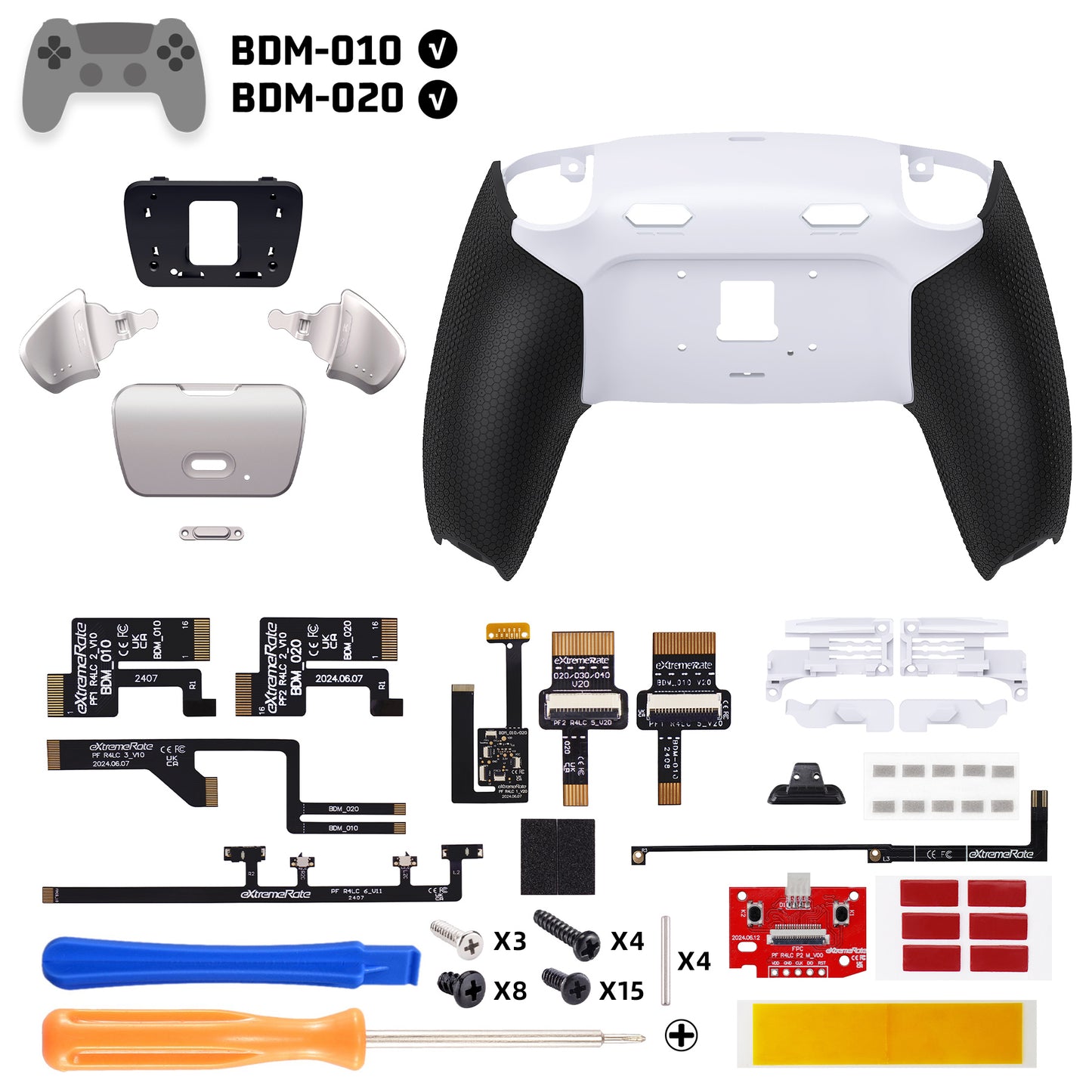 eXtremeRate PS5コントローラーBDM-010/020対応用リアルメタルボタン (RMB) バージョンRISE Plus MAXバックパドルキット、クリッキートリガーストップ＆ラバーグリップ付き[ゴム付きブラックグリップ、シルバーバックパドル]